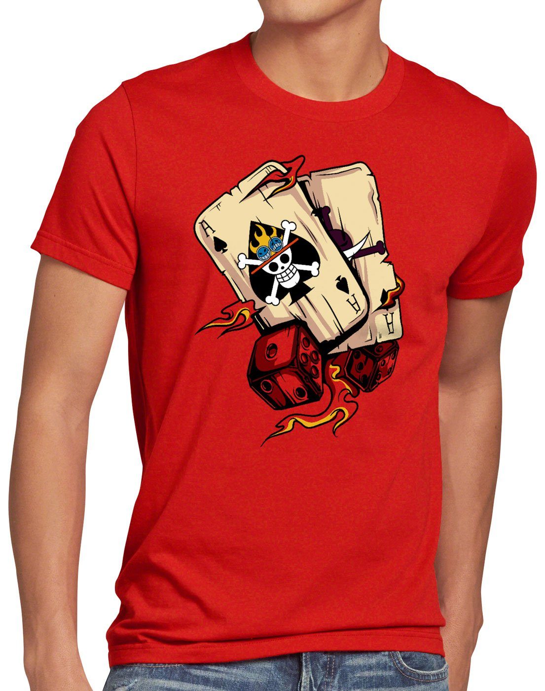 poker manga strohhut T-Shirt piece One anime style3 Print-Shirt rot Ace Herren bande