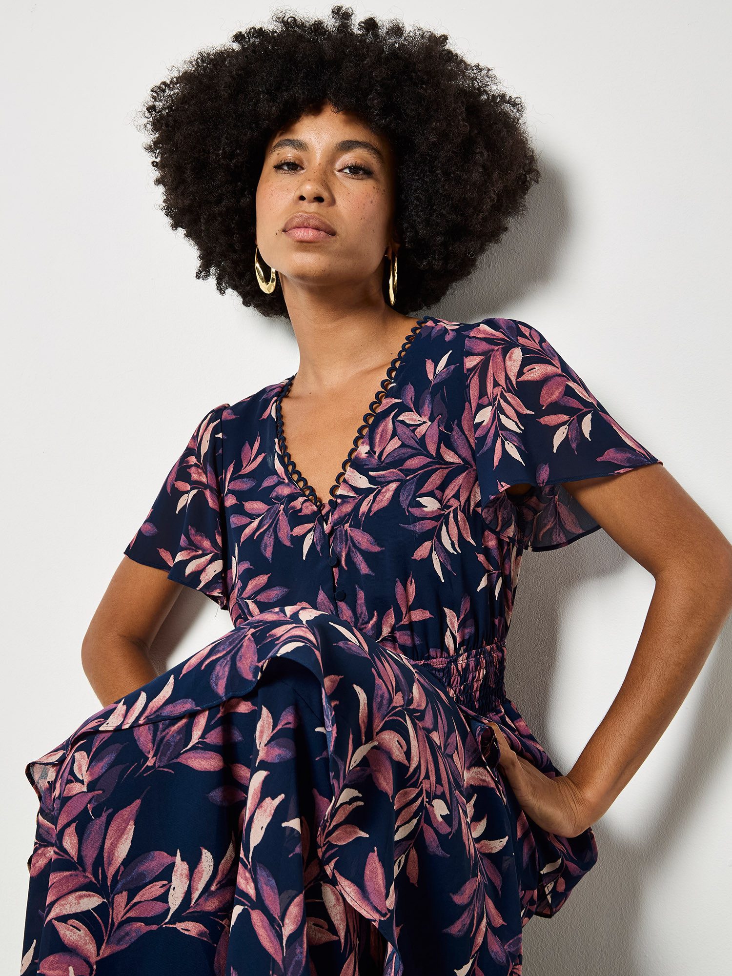 Apricot Druckkleid mit elastischem Bund