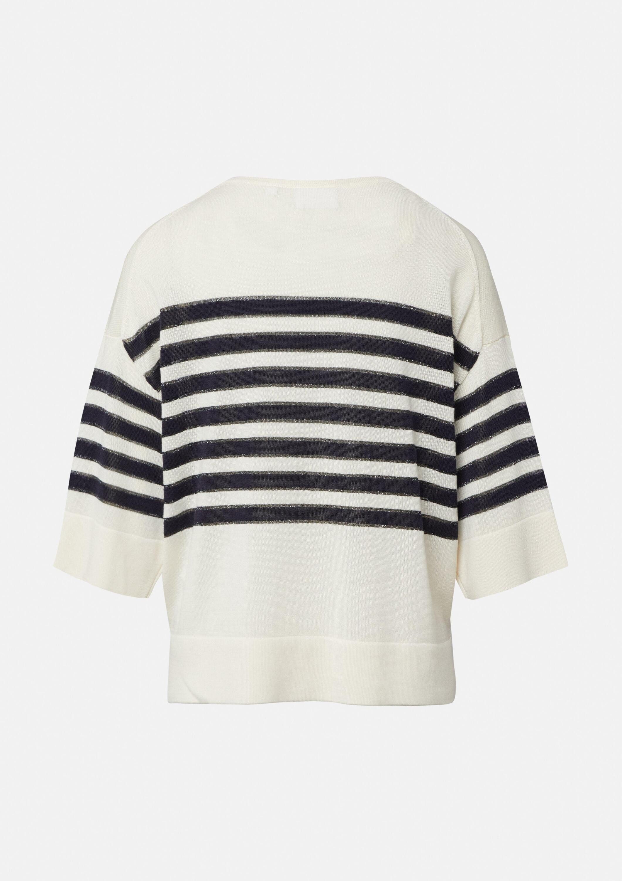 comma Kurzarmpullover Strickpullover Gestreifter Feinstrickpullover mit dezentem Glitzergarn