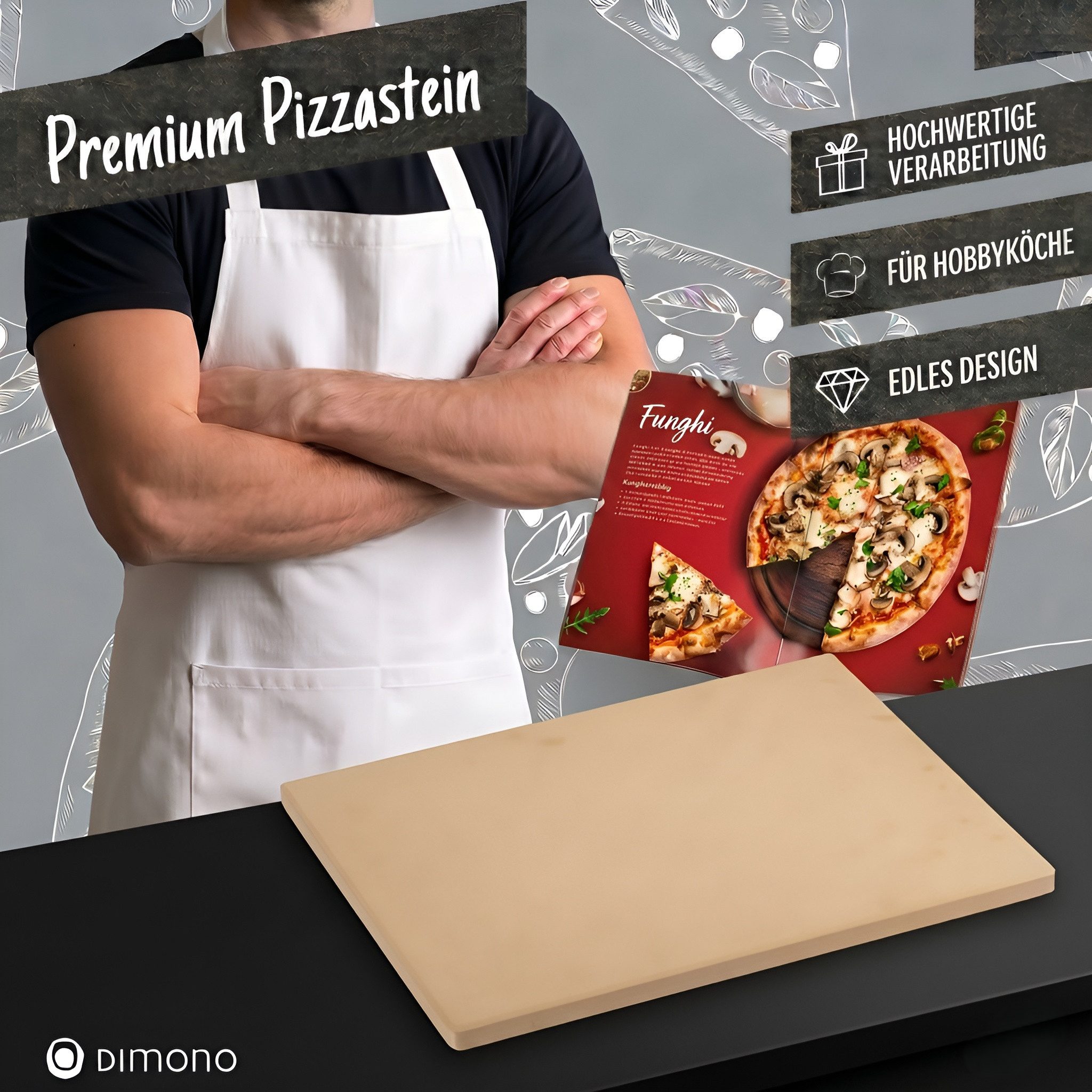 Dimono Pizzastein Backstein, (Premium Set: Pizzastein + Pizzaschieber + Wiegemesser, 1-St), Cordierit Pizzaofen