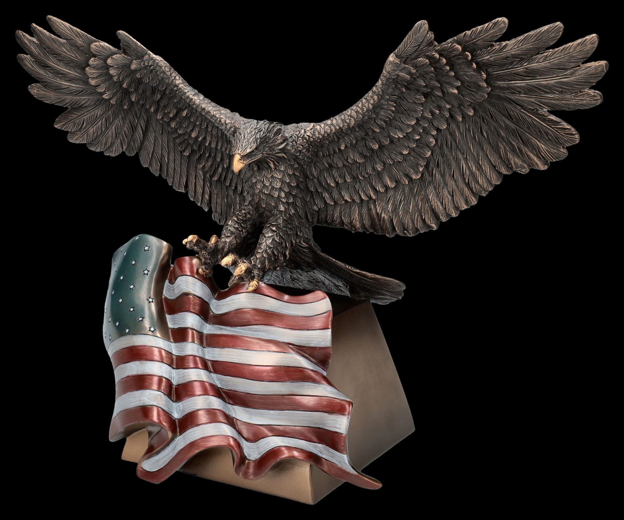 Figuren Shop GmbH Dekofigur Adler Figur mit Amerikanischer Flagge - Dekofigur Vogelfigur USA Fahne