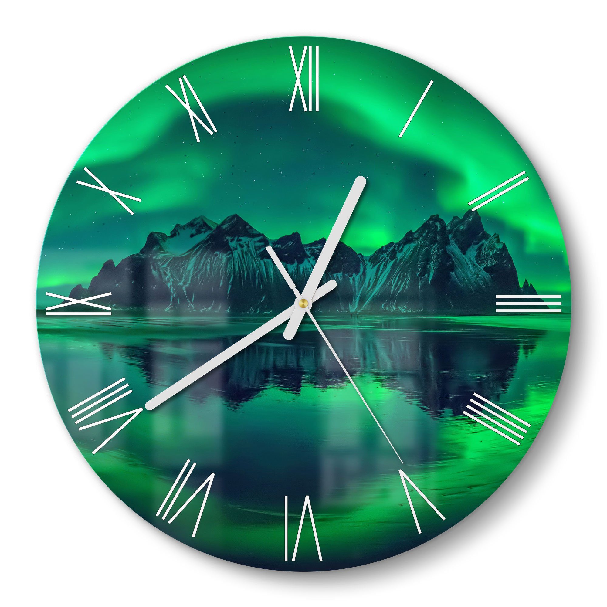 DEQORI Wanduhr 'Vestrahorn im Polarlicht' (Glas Glasuhr modern Wand Uhr Design Küchenuhr)