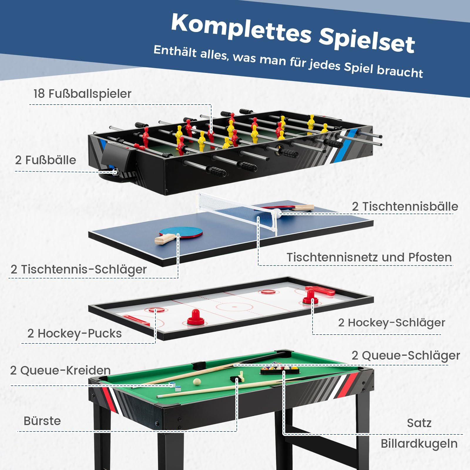 COSTWAY Kickertisch, 4 in 1 Tischkicker mit Billard, Push Hockey, Tischtennis