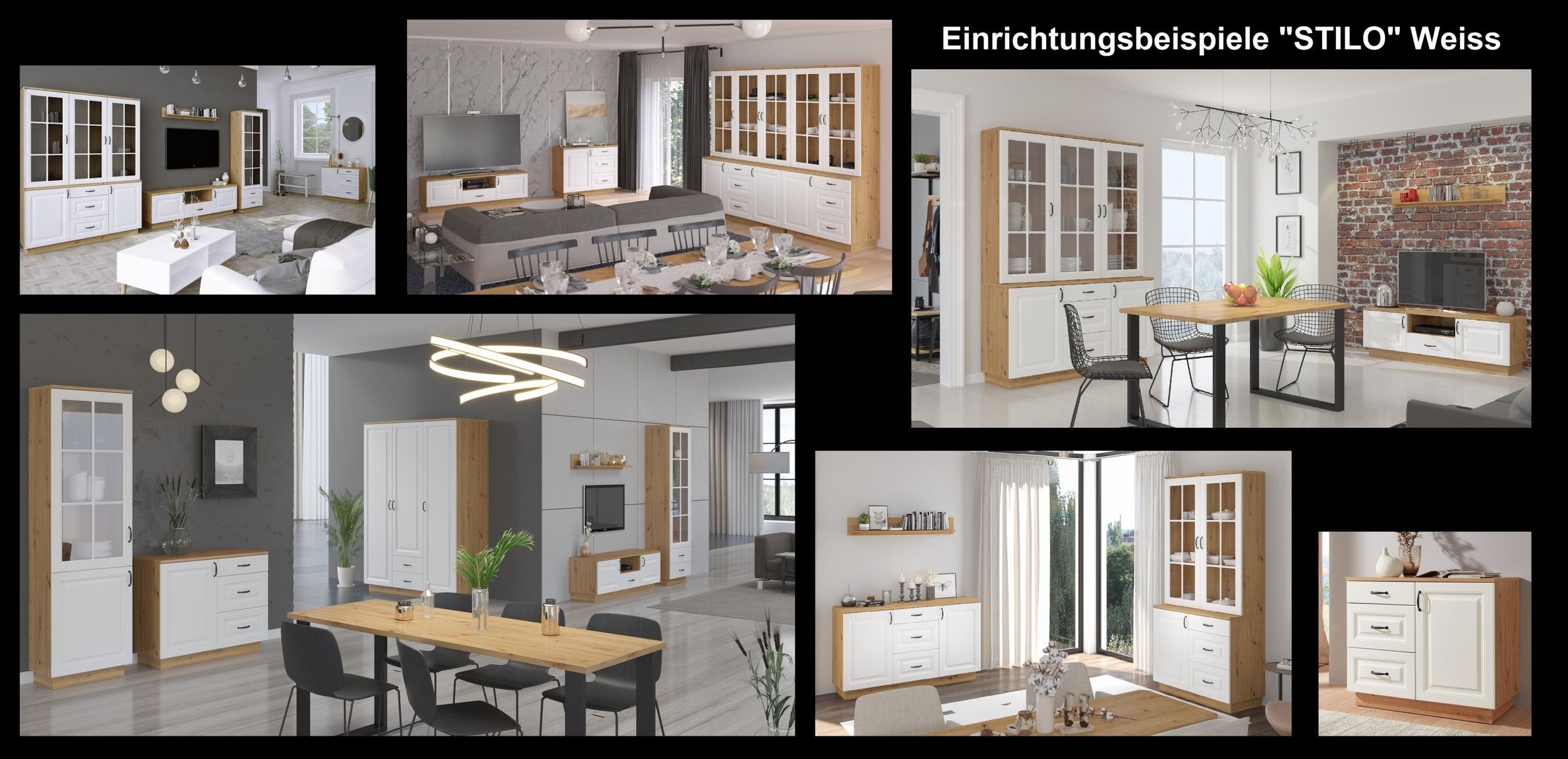 cm Küche, Buffet Landhaus Küchen-Preisbombe Weiss (4-St) Artisan Wohnwand Wohnzimmer Wohnwand Stilo Eiche 270