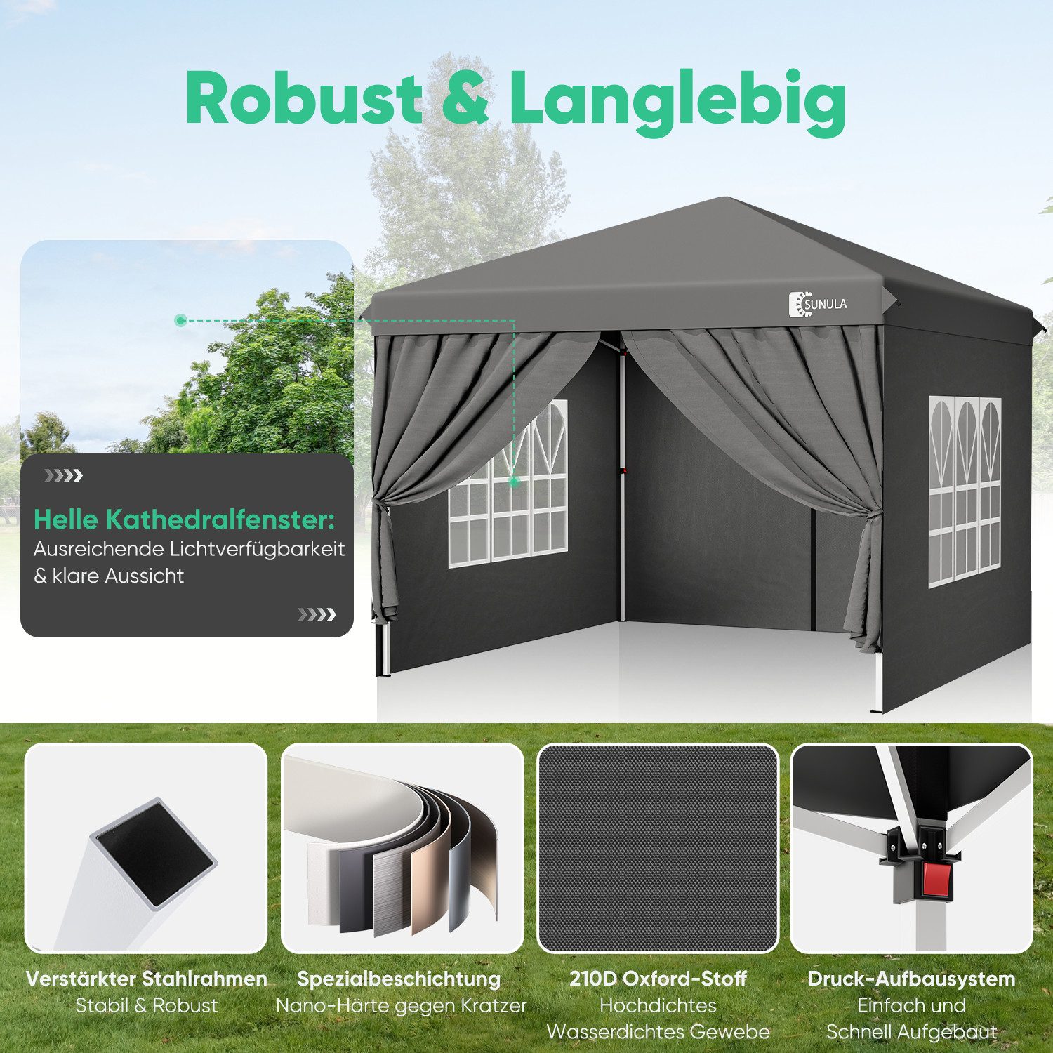 SUNULA Faltpavillon 3x3 m Gartenpavillon mit 4 seitenteilen wasserdicht, mit 4 Seitenteilen, (inkl. 4 Seitenteile), Wasserdicht Faltpavillon, Winterfest Pavillon Pop Up Partyzelt