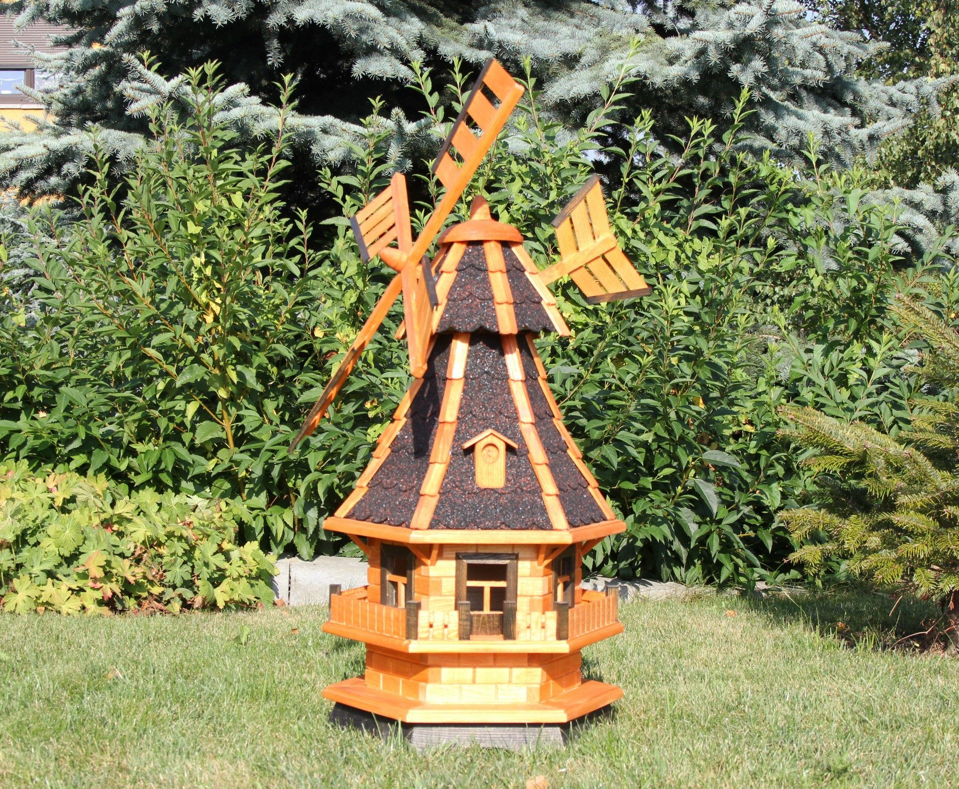 Holzdekoladen Deko-Windrad Wetterfeste Holzwindmühle, Gartenwindmühle mit Solar Typ 4.1
