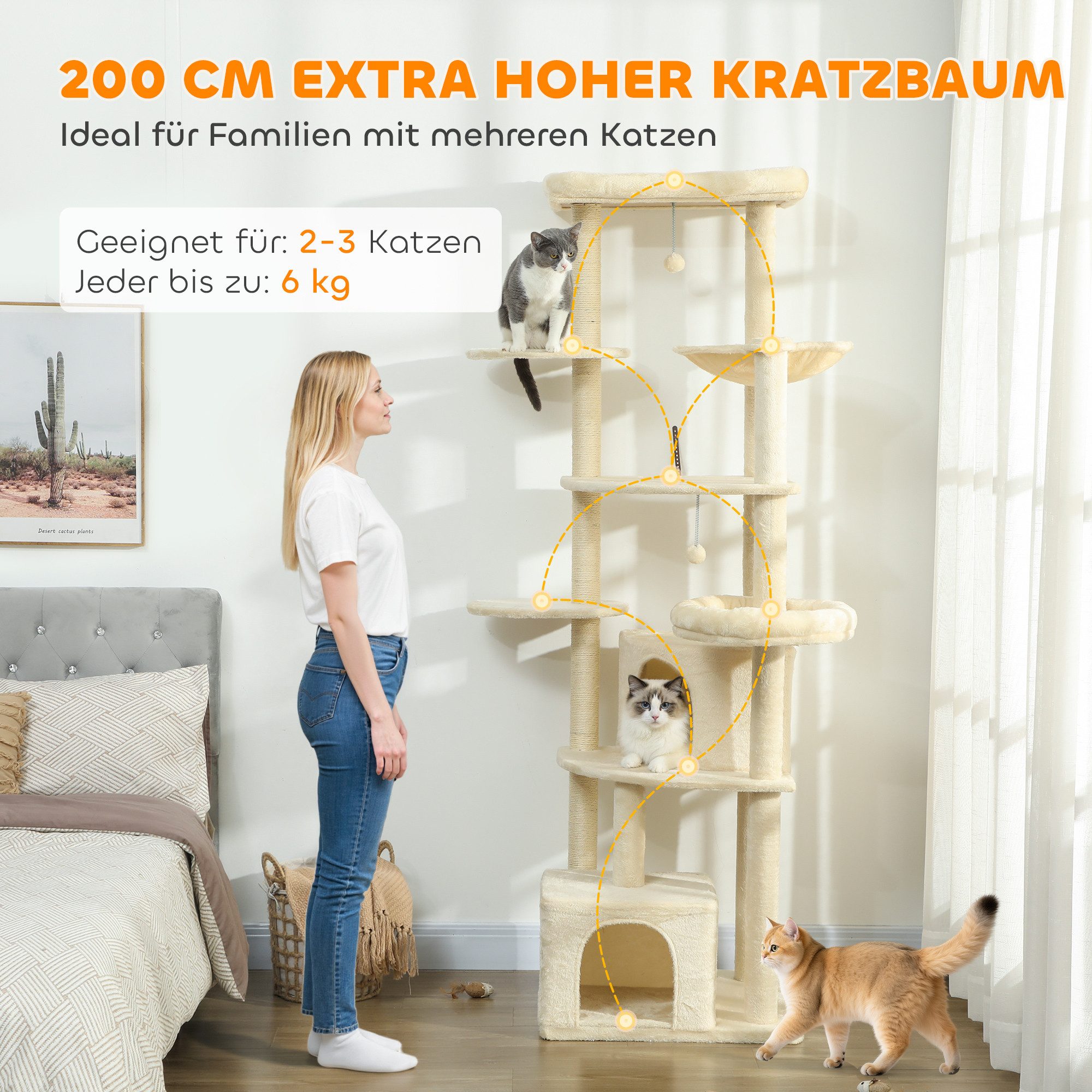 PawHut Kratzbaum Großer Katzenbaum 200 cm hoch mit 2 Betten, 2 Höhlen, Kippsicher, Katzenbaum mit Sisal-Seil, Plüsch, für 2-3 Katzen unter 6 kg, Beige – Bild 4 von 5
