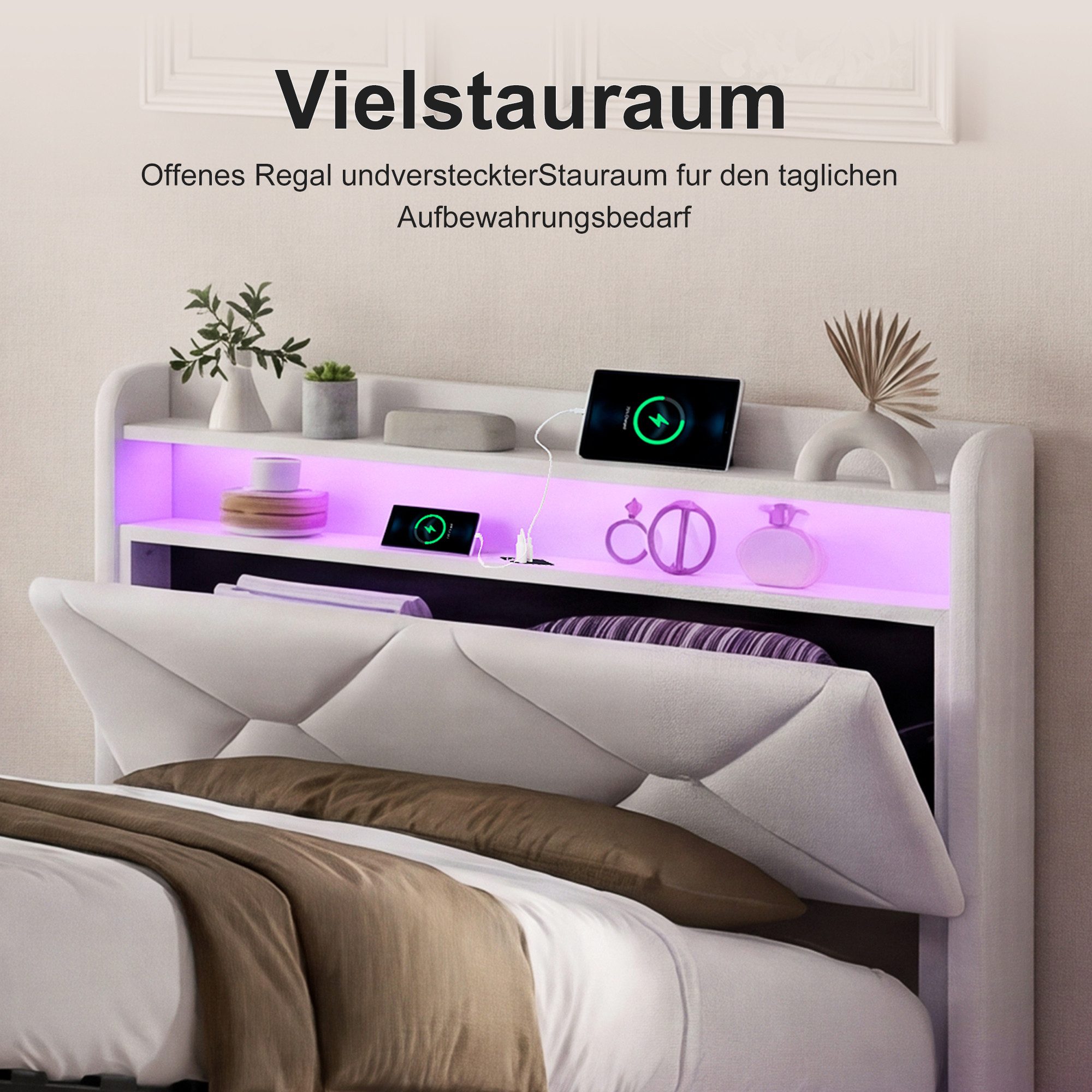 Simurq Stauraumbett Polsterbett 90x200 aus Samt, Einzelbett mit Bettkasten, Jugendbett (Kopfteil-Stauraum und Metall-Holz-Lattenrost), Stauraumbett mit Gasdruck – Bild 3 von 5