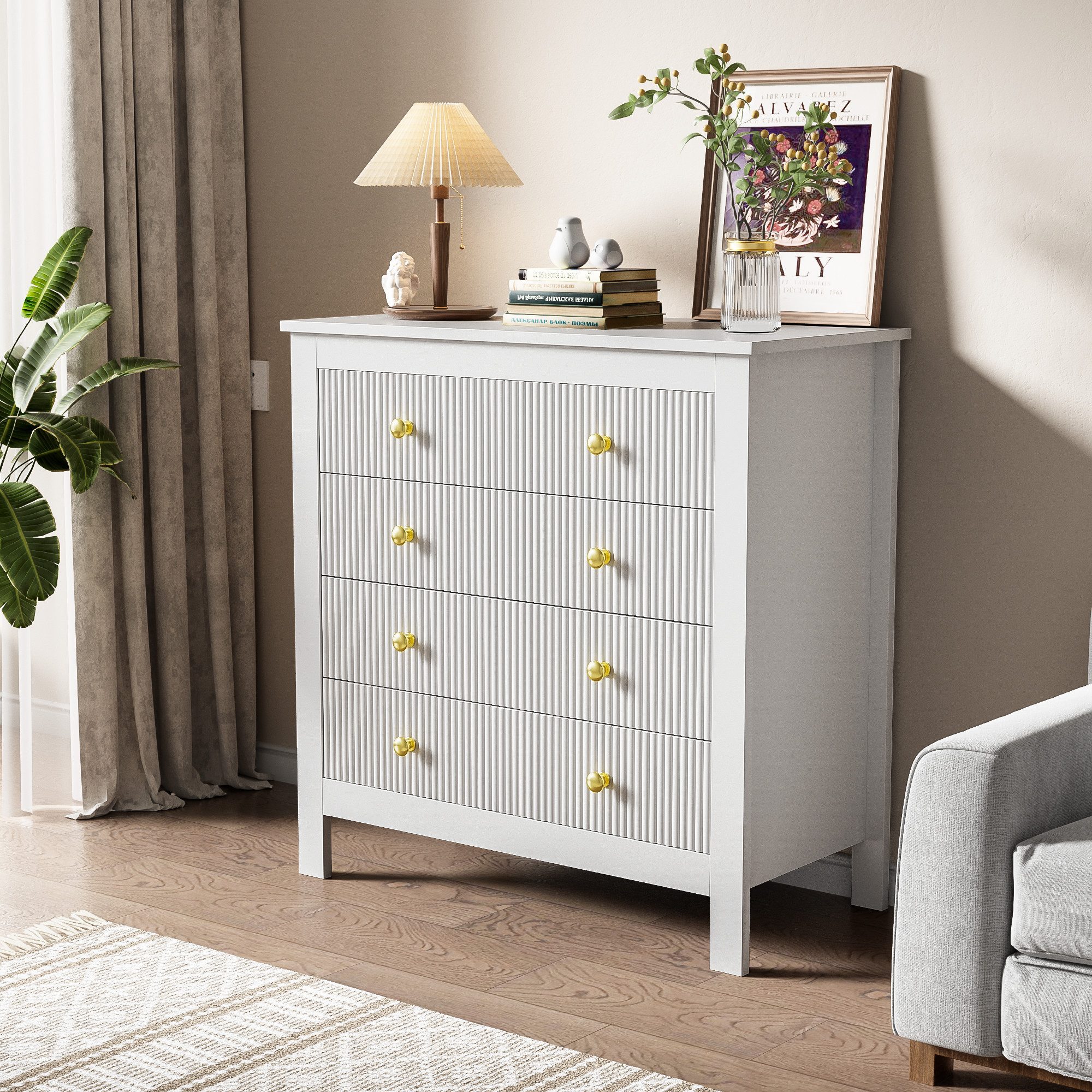 Sideboard 5 Schubladen Kommode mit Spezialtüren, Goldgriffen