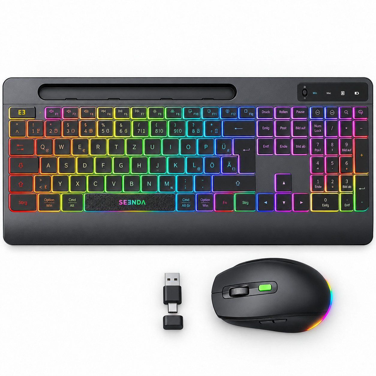 Seenda beleuchtet Tastatur Maus Set kabellos JPX006 QWERTZ Layout Tastatur- und Maus-Set, (Universeller 2-in-1-Empfänger (USB + Typ C), DPI-Stufen (800–1200–1600)mit Handballenauflage und Ständer