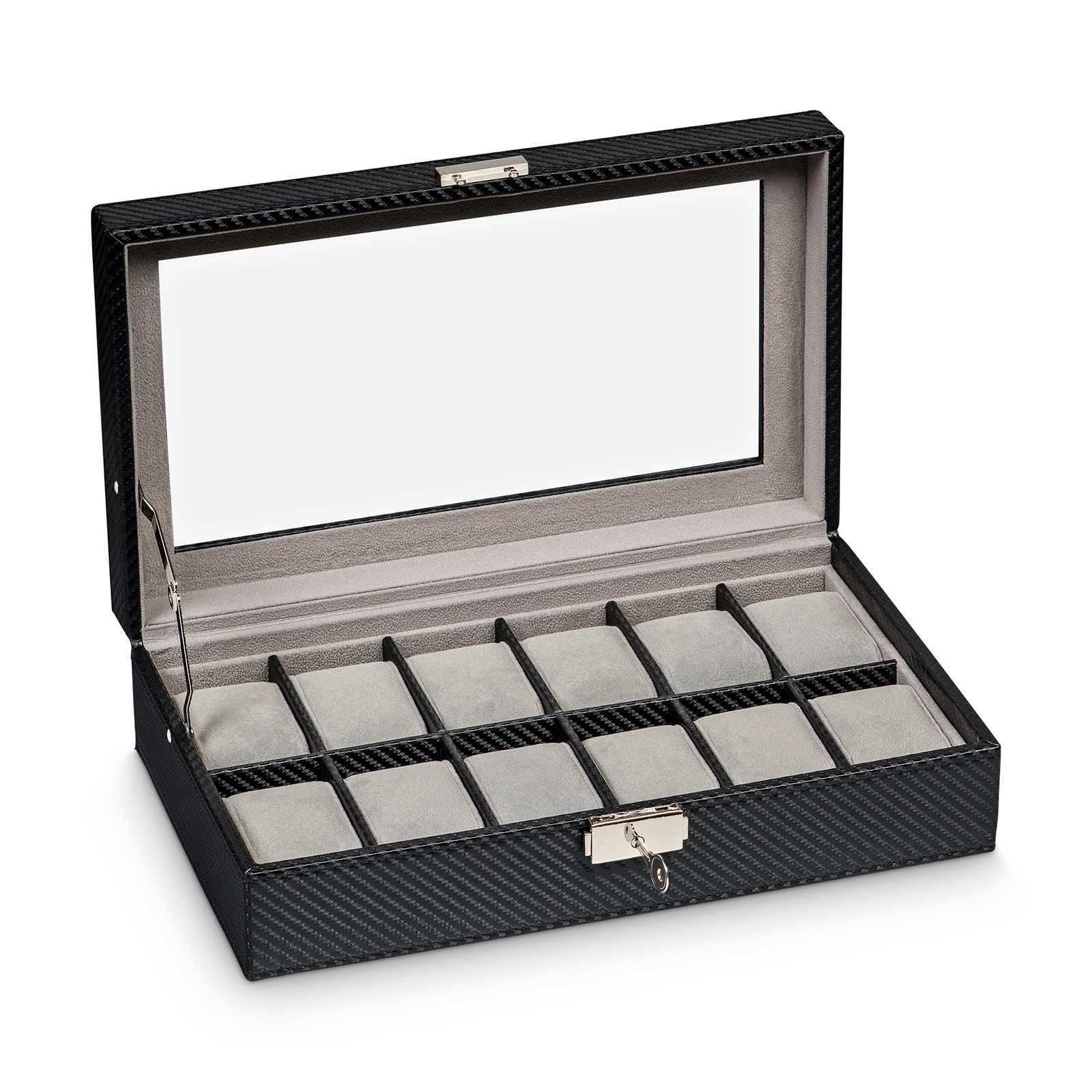 Hermann Jäckle Uhrenbox Dinkelsbühl Uhrenkasten für 12 Uhren Lederimitat Carbonoptik schwarz, (1098-CF-BL)