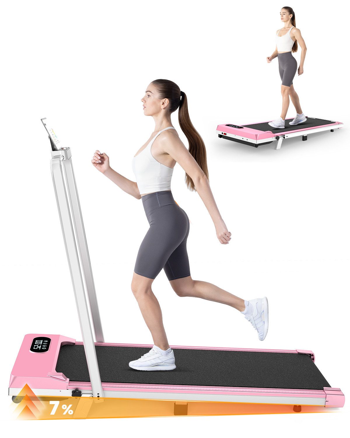 BIGZZIA Laufband 4 in 1 Laufbänder Klappbar - Walking Pad mit 7% Steigung für Zuhause (Mit Armlehne und Fernbedienung), 1-8 km/h - 2.5 ps Laufpad Gehband Lauf Laufbänder
