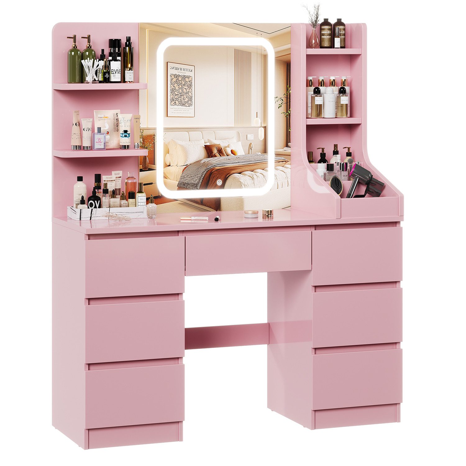 HOMALL Schminktisch Eingebaute LED-Beleuchtung, einstellbare Helligkeit, mit 7 Schubladen (GroBe 110*40*139cm Bestes Geschenk fur Ehefrau/Tochter ostern geschenke)