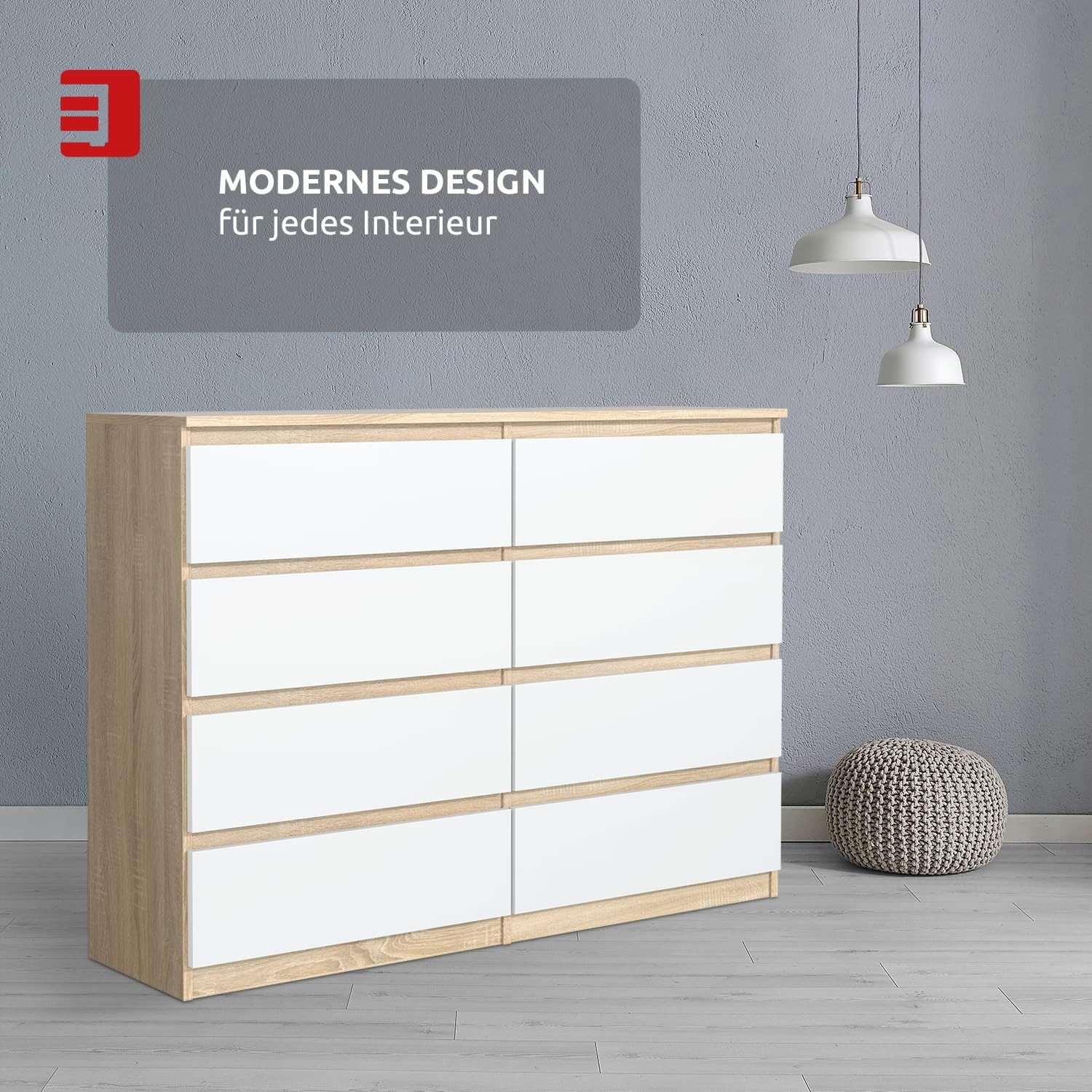 MAGOWA Schubkastenkommode Kommode 120 cm – moderne Kommode mit 8 Schubladen mit Stauraum (ideale Lösung), Breite 120 cm - Höhe 101,5 cm - Tiefe 39 cm – Bild 3 von 5