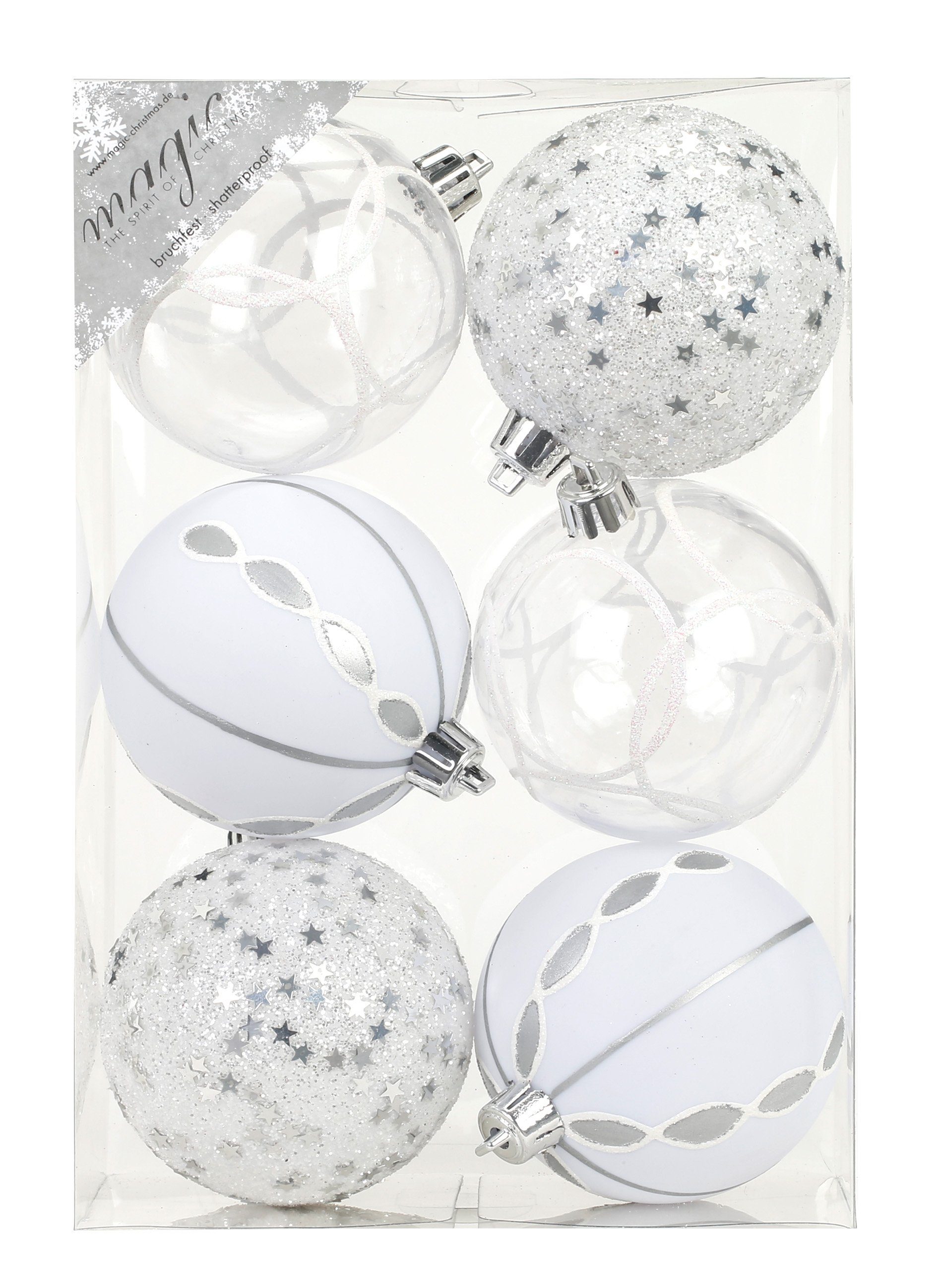 Inge - 8cm Weihnachtskugeln 6er Kunststoff Weihnachtsbaumkugel, Weiß Kugeln by Dekorierte MAGIC Set Mix