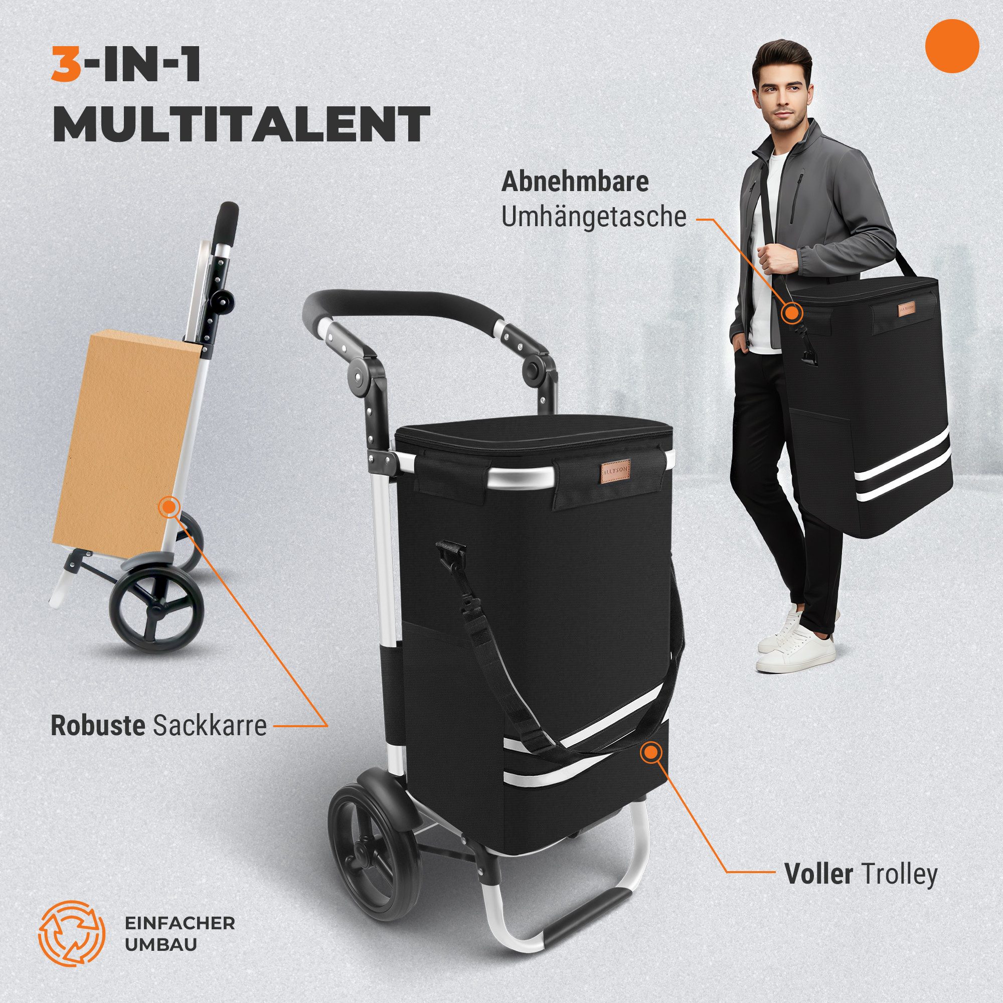 Allyson Einkaufstrolley Einkaufswagen klappbar, Einkauftrolley mit 56L Kapazität & Kühlfach, 2-in-1 Funktion: Tasche abnehmbar, Gestell als Sackkarre nutzbar.