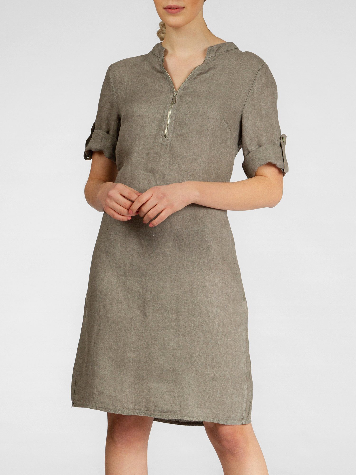 Caspar Sommerkleid SKL037 knielanges Damen Leinenkleid mit Reißverschluss Ausschnitt Luftig leicht, figurumspielende Form, mit seitlichem Jersey-Einsatz