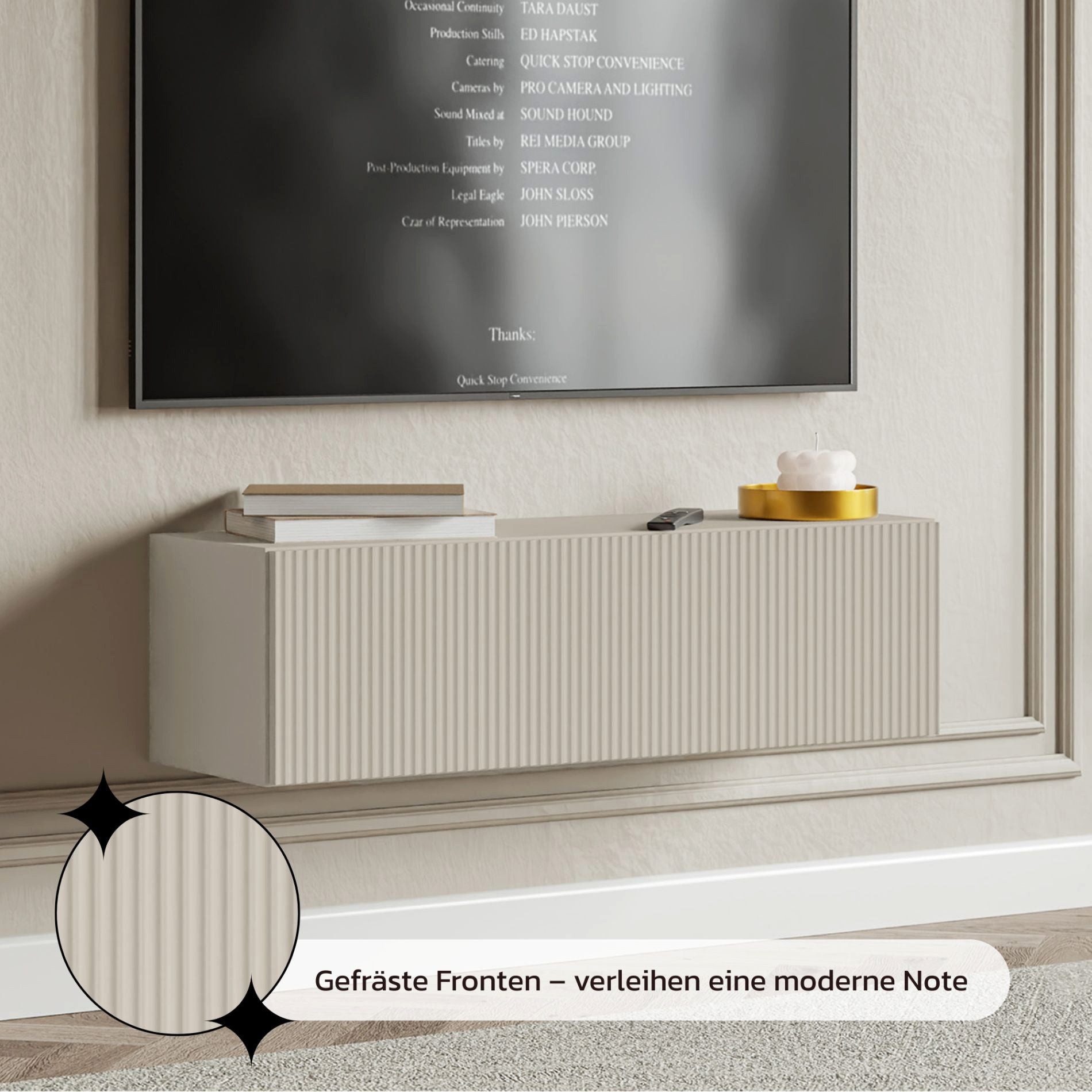 Selsey TV-Schrank Veldio Hängeboard 100 cm, geriffelte Front, Push-to-Open, Greige – Bild 4 von 5
