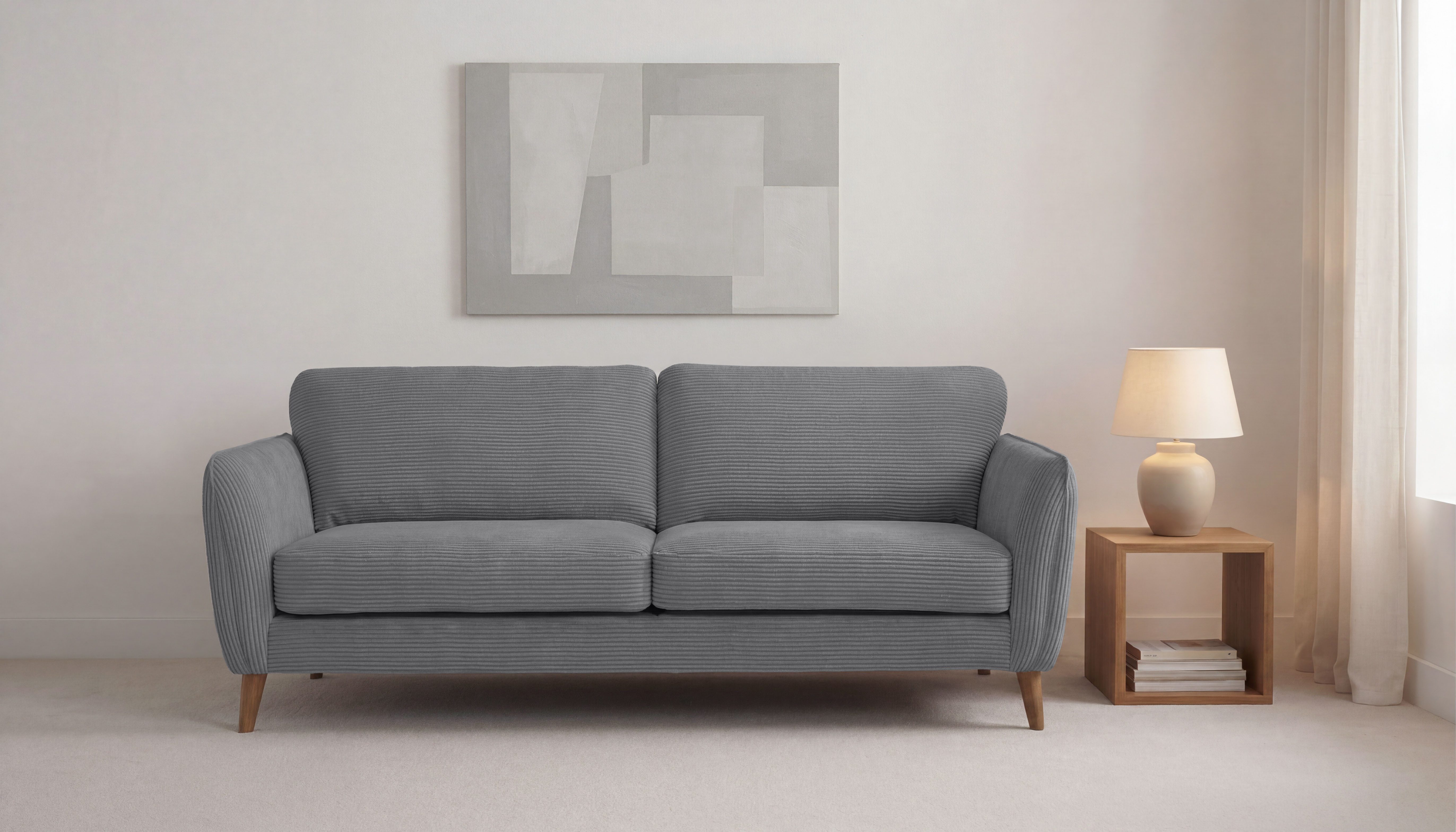 OTTO home 3-Sitzer MARSEILLE 3er Sofa 206 cm, Cord, Flachgewebe, Struktur, Webstoff, Massivholzbeine Eiche, Landhausstil, Wellenunterfederung