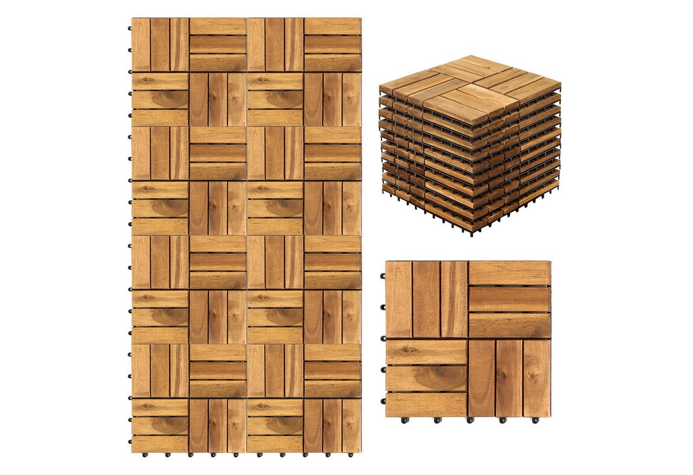 Clanmacy Holzfliesen 1-10 Terrassenfliesen, 11-110 Stück, Akazien-Holz Balkonplatten - 1, 11er Set, 11 St., 30x30cm = 1qm pro Fliese, rutschfest, Stecksystem, langlebig