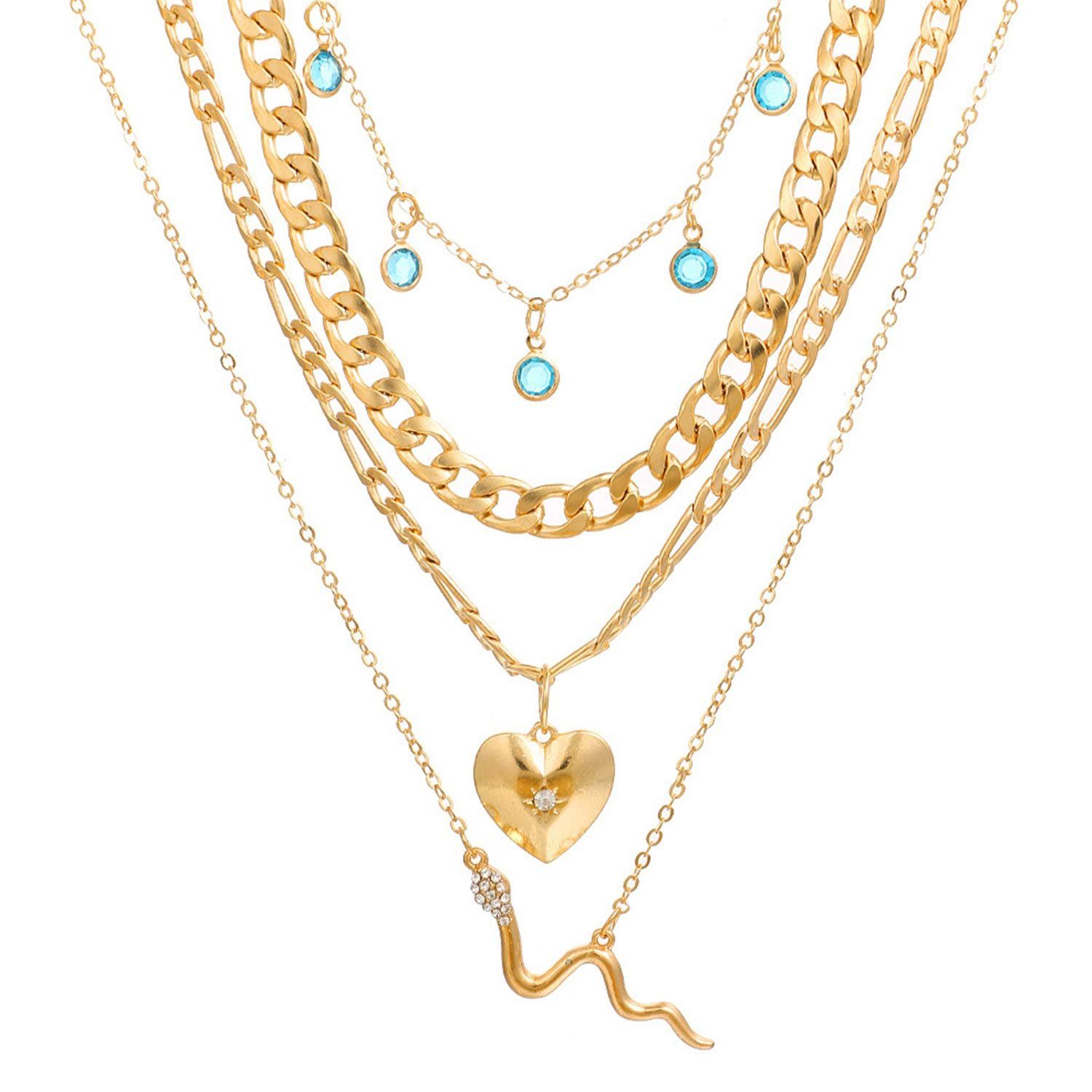 MAGICSHE Kette mit Anhänger Liebe Schlange Metall Halskette Mehrschichtige Halskette (1-tlg), Blauer Kristall Diamant Fransen Anhänger
