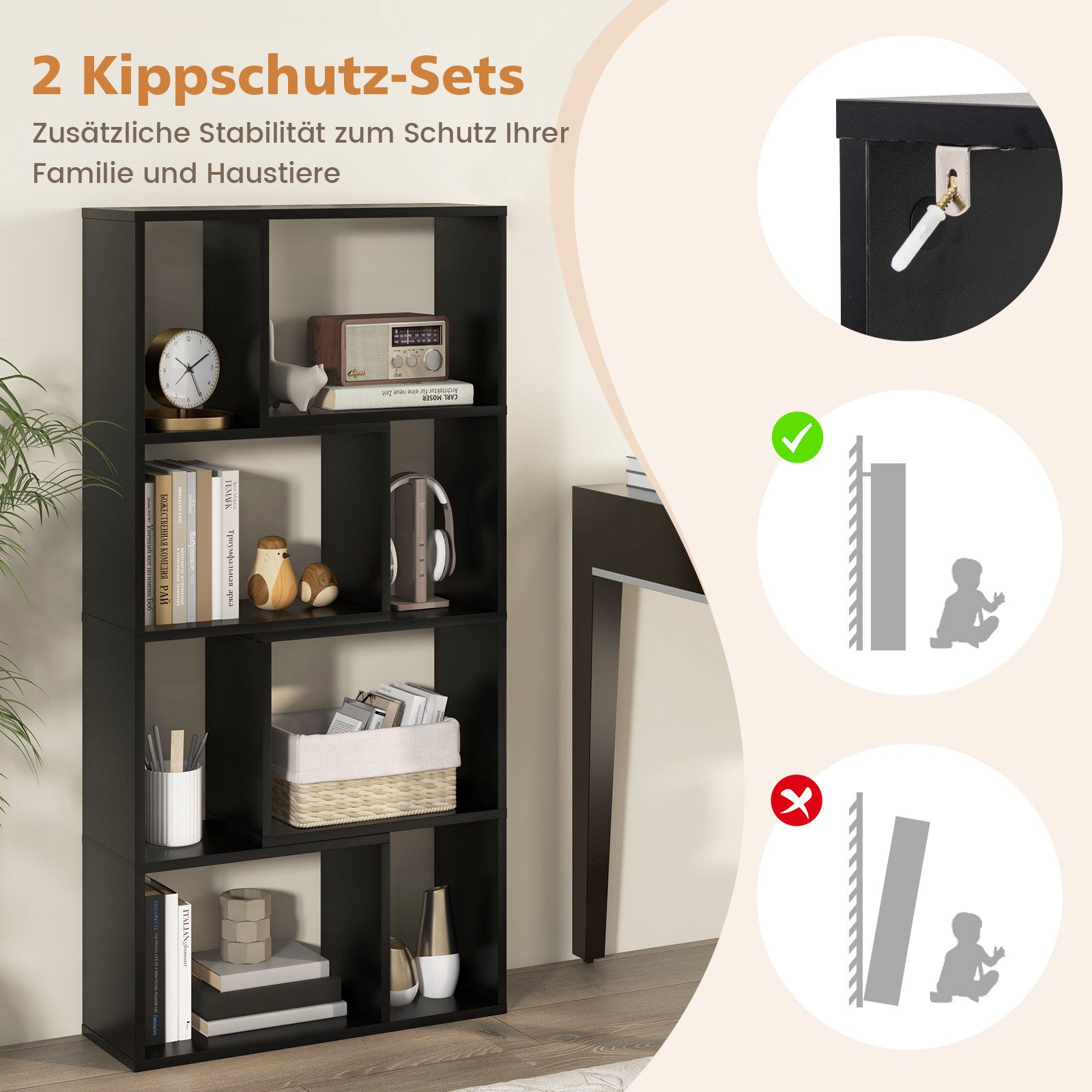 COSTWAY Bücherregal, Standregal, 4 Ebenen, 8 Fächer, bis 30kg, 60x20x120cm