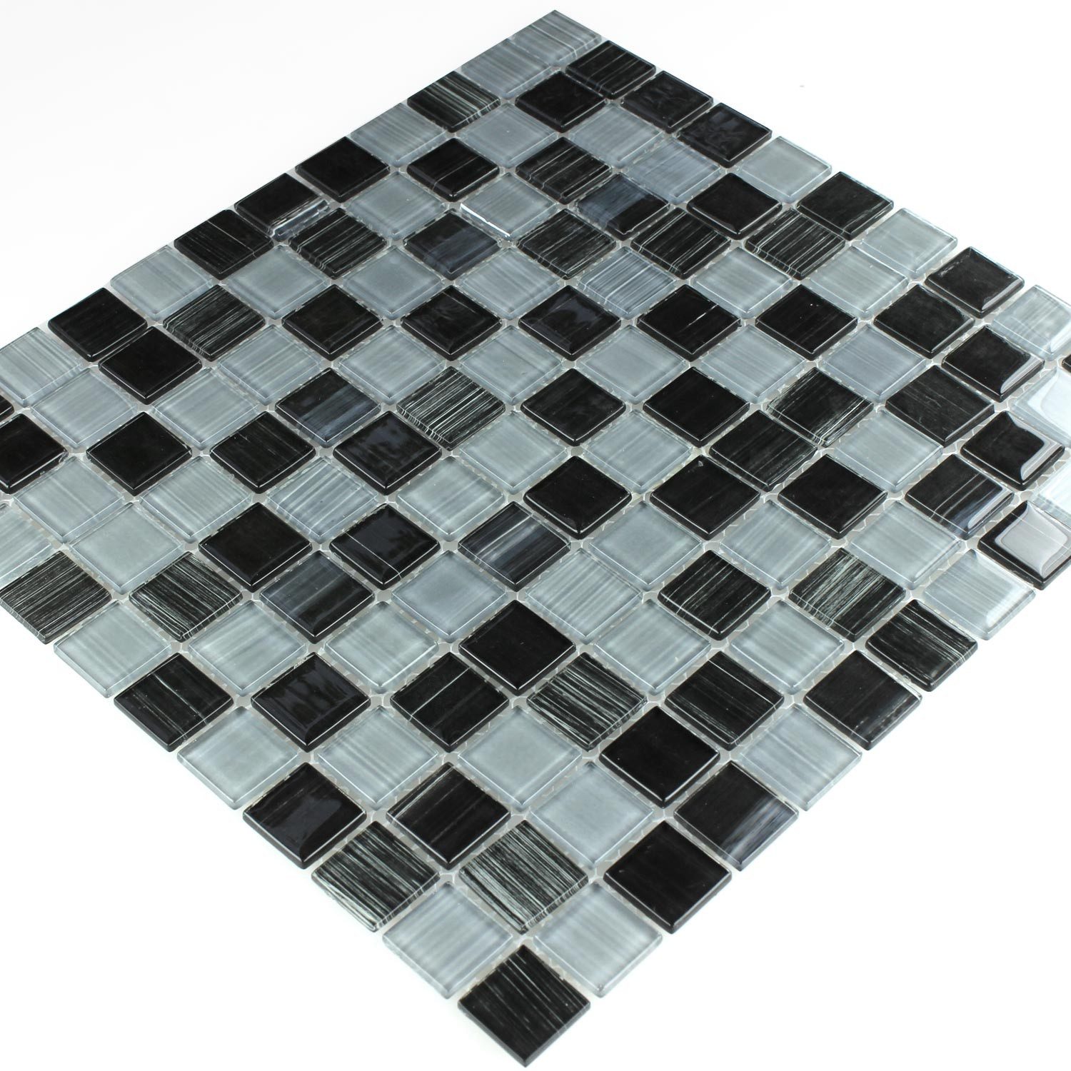 Mosafil Mosaikfliesen Glasmosaik Fliesen Lafayette Gestreift, Glas 32.700x30.200, schwarz-grau, Verlegefertig auf ein Netz geklebt - Frostsicher - Wasserdicht -