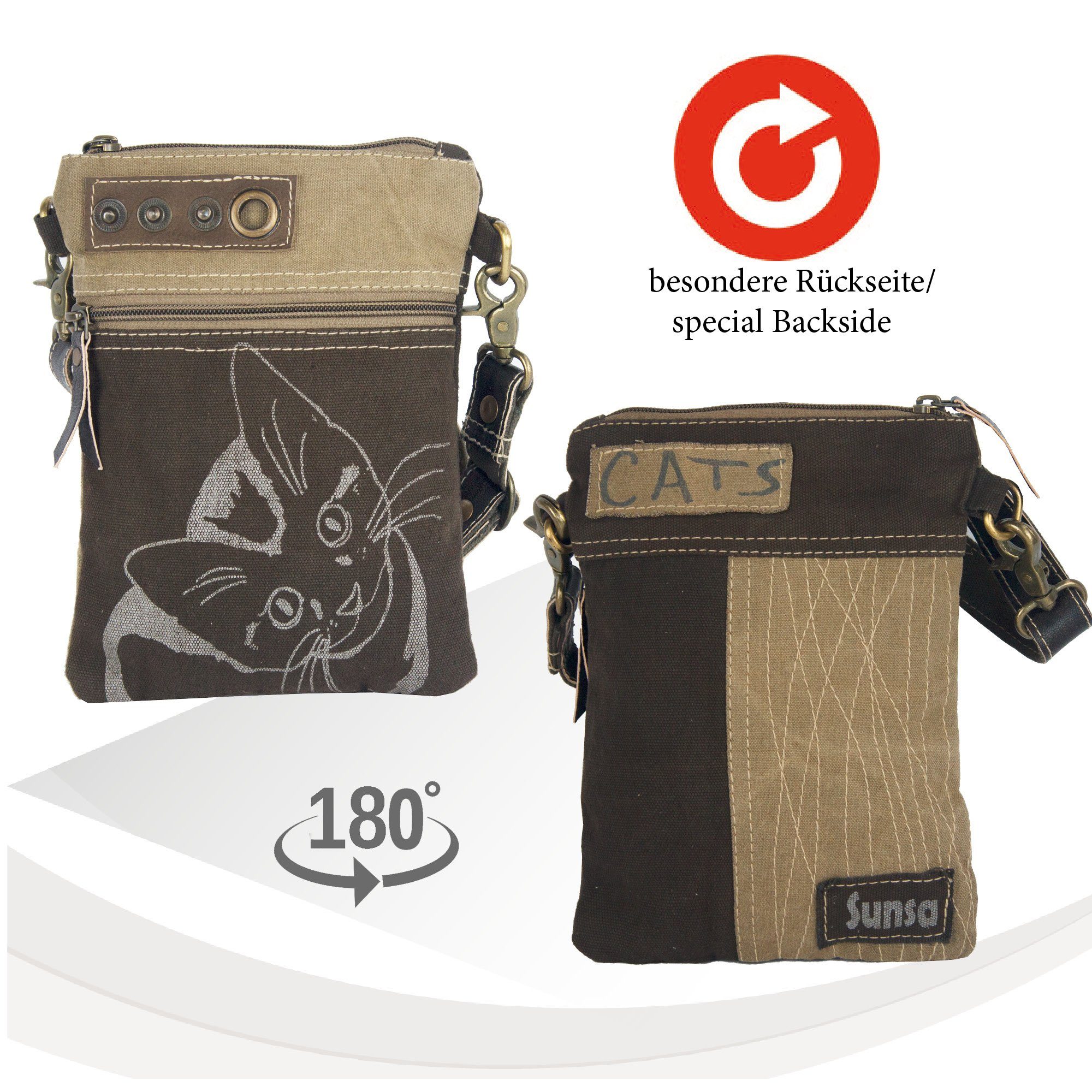 Sunsa Umhängetasche Katzenmotiv kleine Tasche Umhängetasche Crossbody bag Schultertasche, aus recyceltem Canvas