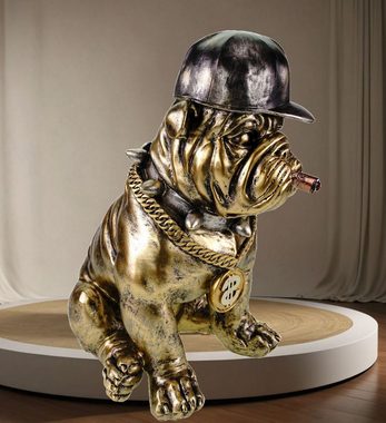 Kremers Schatzkiste Dekofigur XL Bulldogge mit Cap und Zigarre 33cm Moderne Dekofigur Polyresin