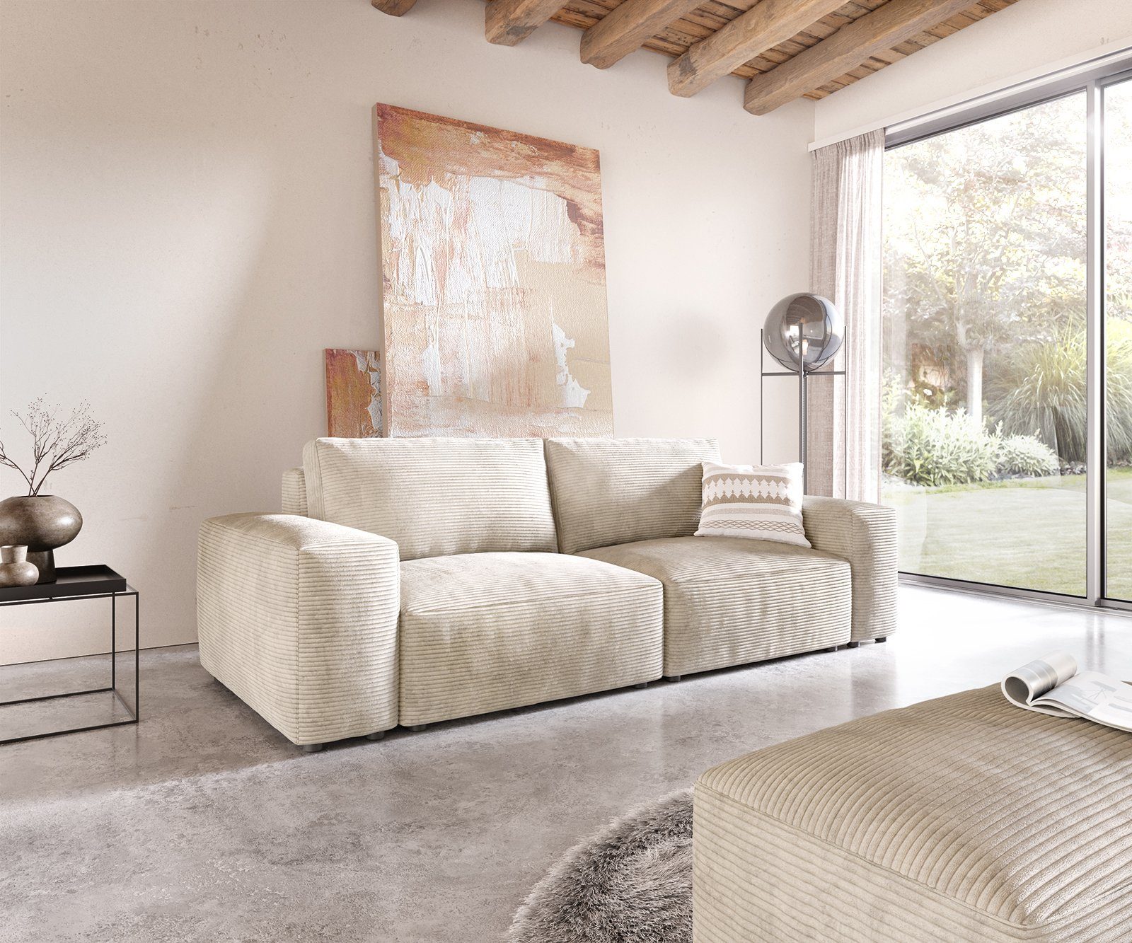DELIFE Big-Sofa Lanzo, L Cord Beige 260x110 cm mit Hocker