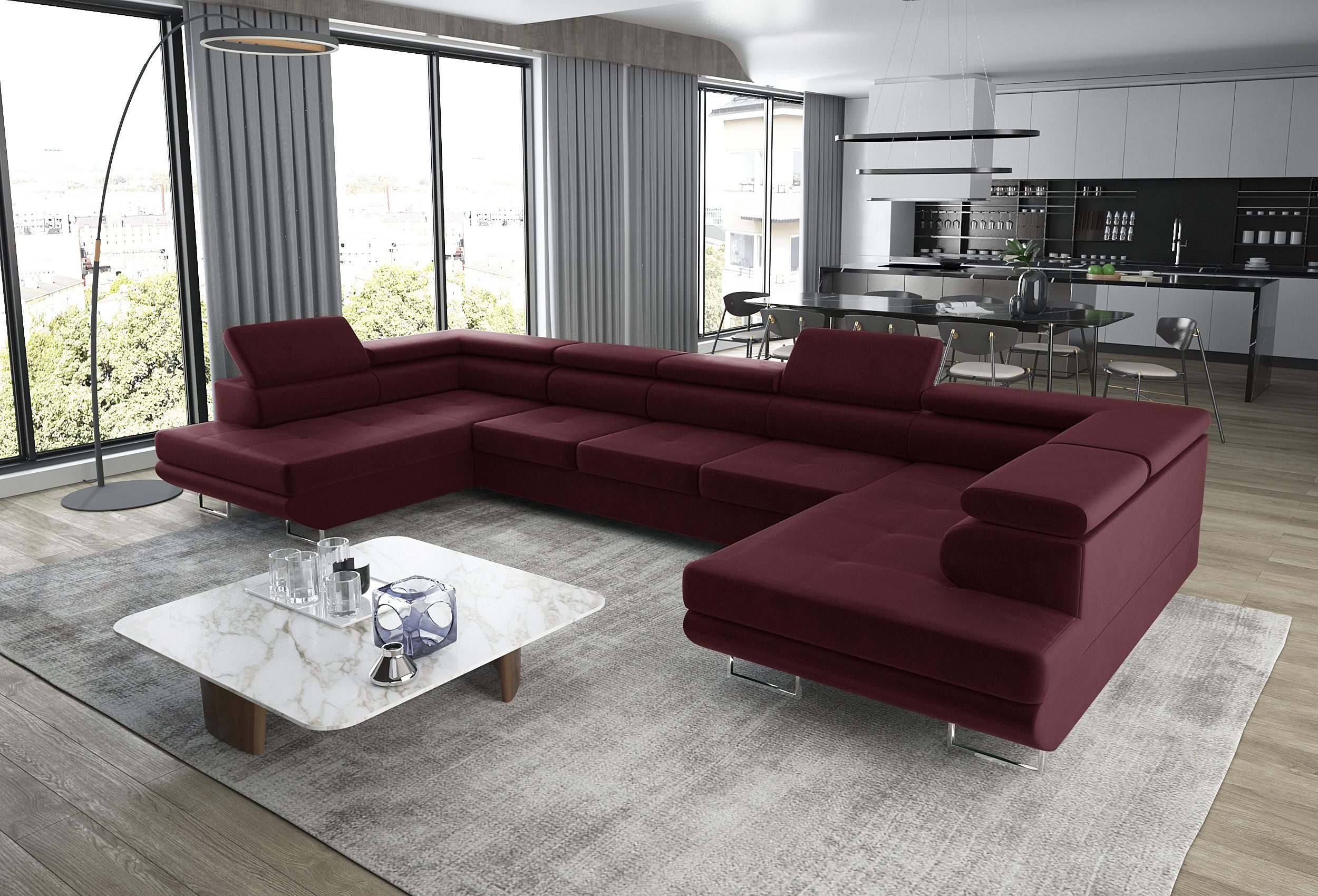 thematys Ecksofa Aston U 403 x 203cm mit Schlaffunktion & Bettkasten –, U-Sofa mit verstellbaren Kopfstützen, Samt (Monolotith), oder Cord (Poso), - U-Form, XL-Wohnlandschaft, 390 cm breit