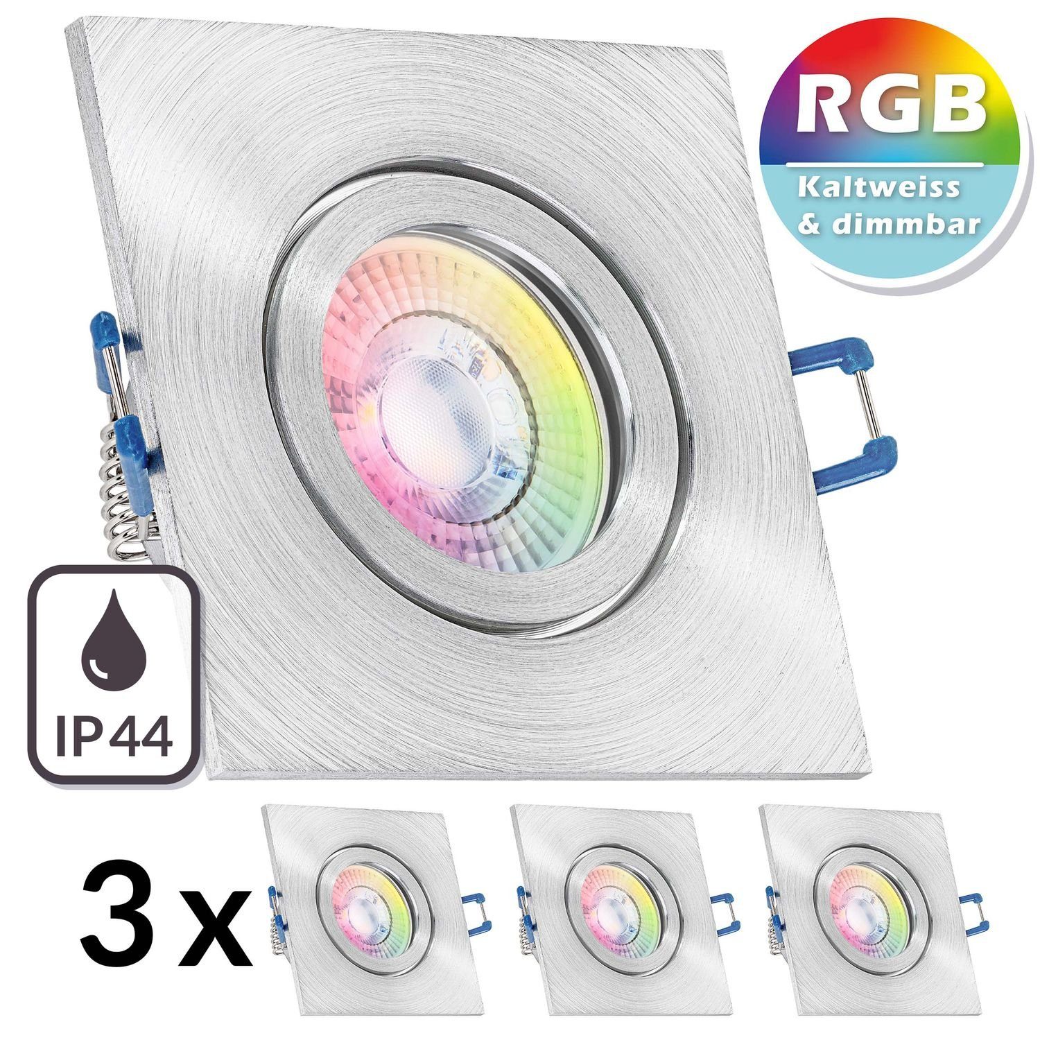 LEDANDO LED Einbaustrahler 3er IP44 RGB LED Einbaustrahler Set extra flach in aluminium natur mit