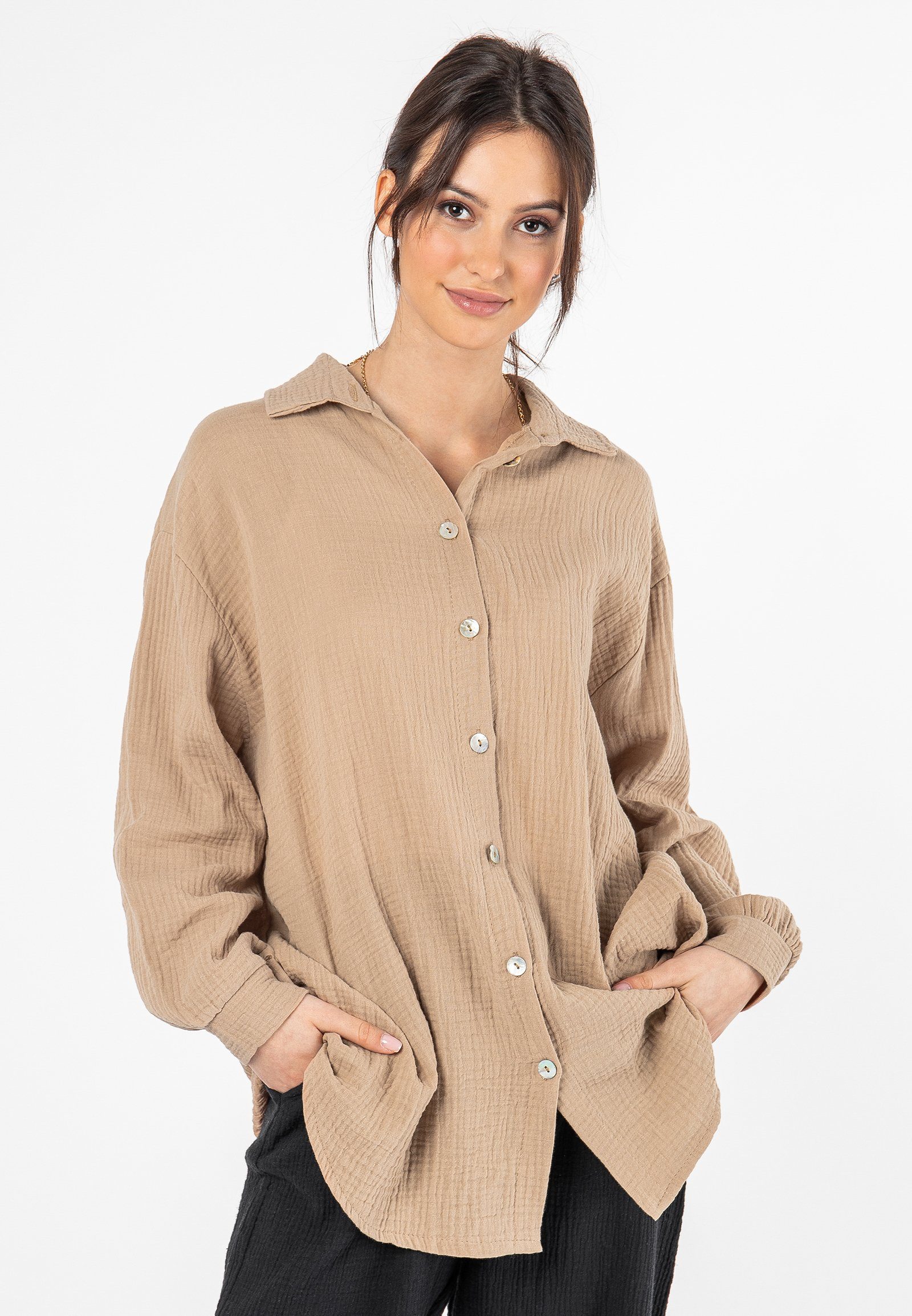 Sublevel Langarm Musselin Bluse Damen - Oversize Bluse Mit Kentkragen In Verschiedenen Farben