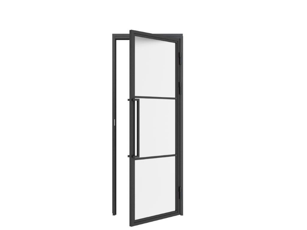 inova wohnen Zimmertür Loft-Glastür mit Stahlrahmen, Komplettset, 3-Felder, satiniertes Glas, 830x2115 mm, Türzarge und Stabgriff in Schwarz, DIN rechts – Bild 4 von 5