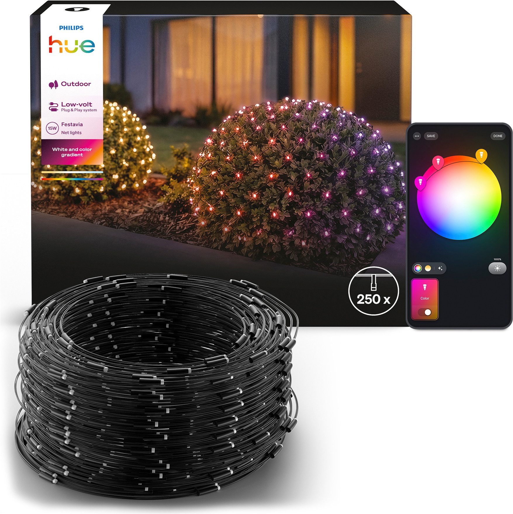Philips Hue LED-Lichternetz Festavia White & Color Ambiance, 250 LEDs, 3,45 x 1 m, 250-flammig, Musiksync, dynamische Effekte, innen & außen, App-Steuerung