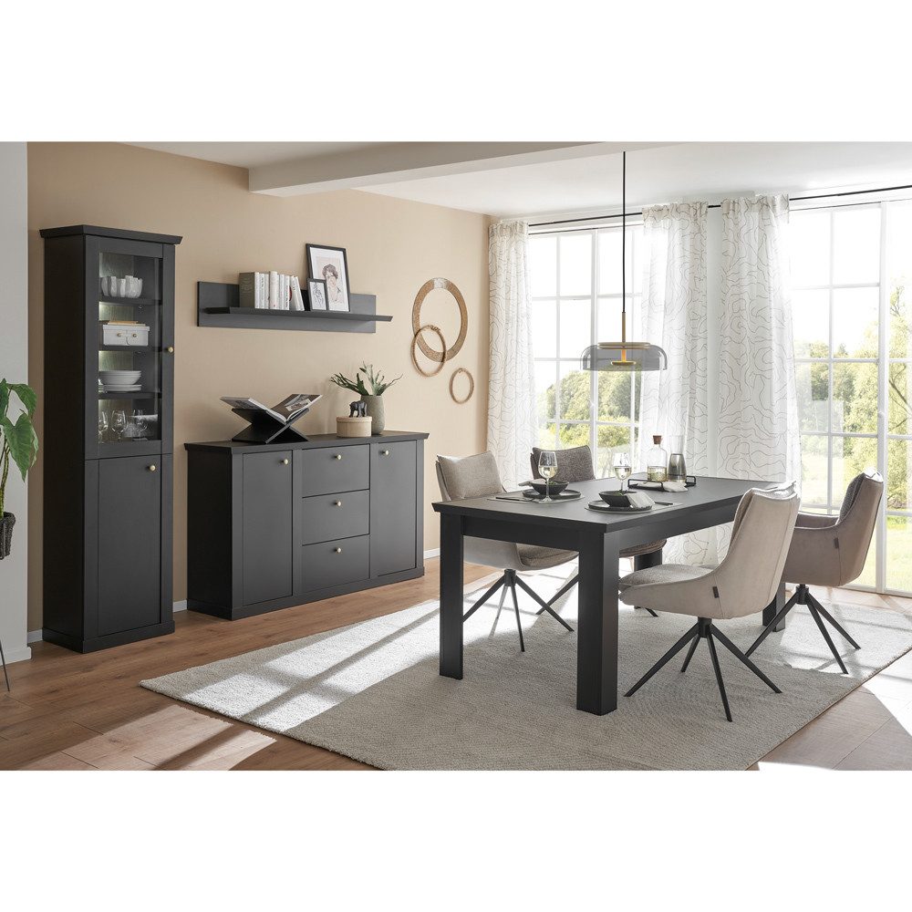 Lomadox Esszimmer-Set LORETA-61, (Spar-Set, 4-St., Vitrine Sideboard Wandboard Esstisch), inkl. LED Beleuchtung, Schwarz matt