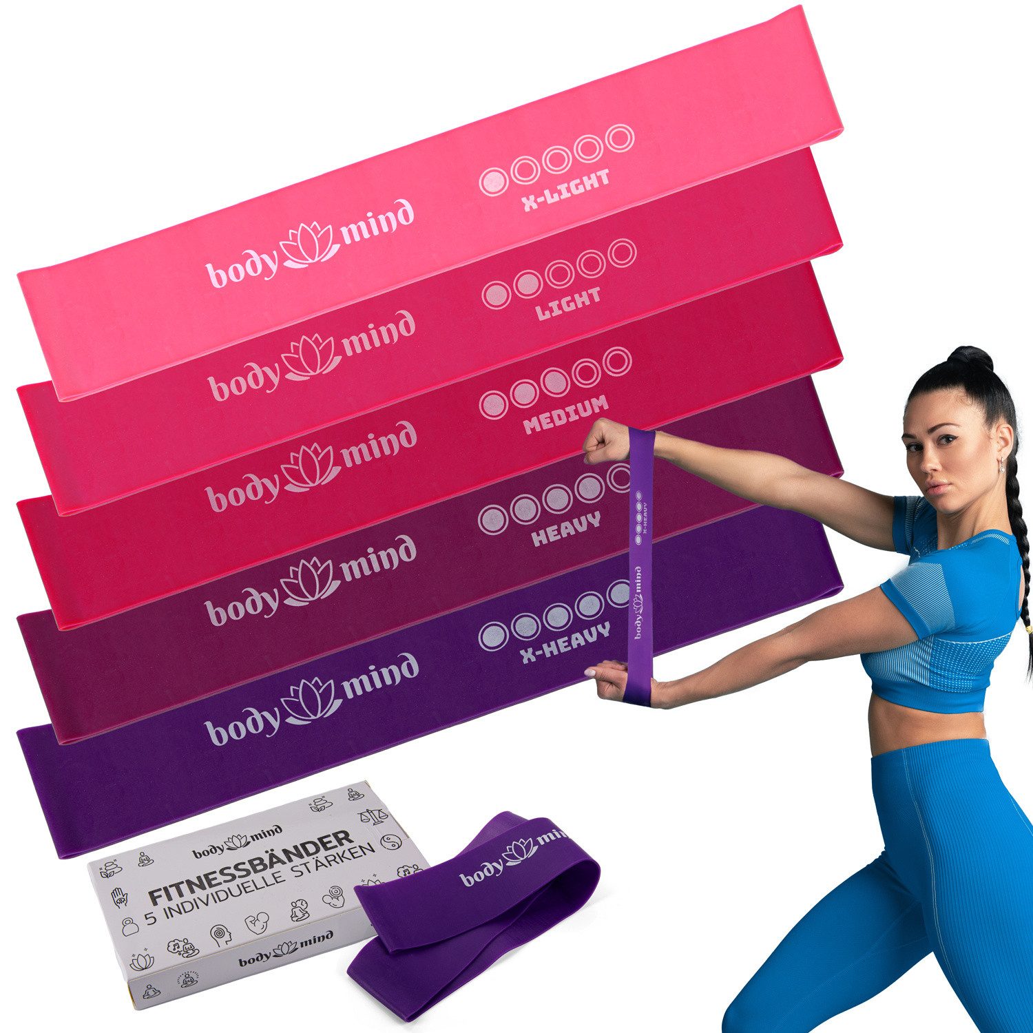 Body & Mind Fitnessrolle Fitnessbänder 5 Stück (Widerstandsbänder in 5 Stufen, Traingsbänder für Muskelaufbau), Yoga, Pilates & Work-Out