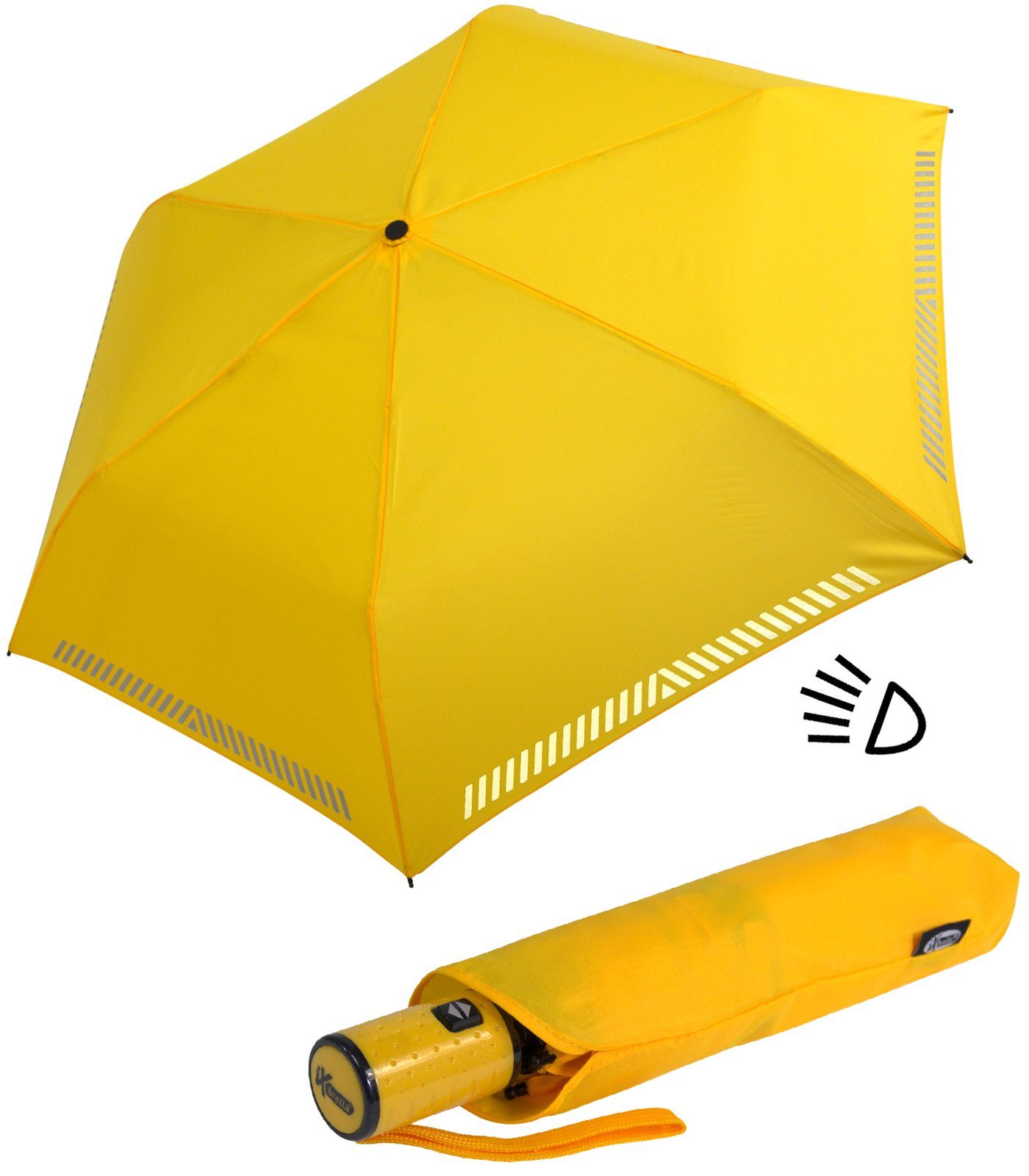 iX-brella Taschenregenschirm - Sicherheit Auf-Zu-Automatik, reflektierend, Kinderschirm Reflex-Streifen durch mit gelb