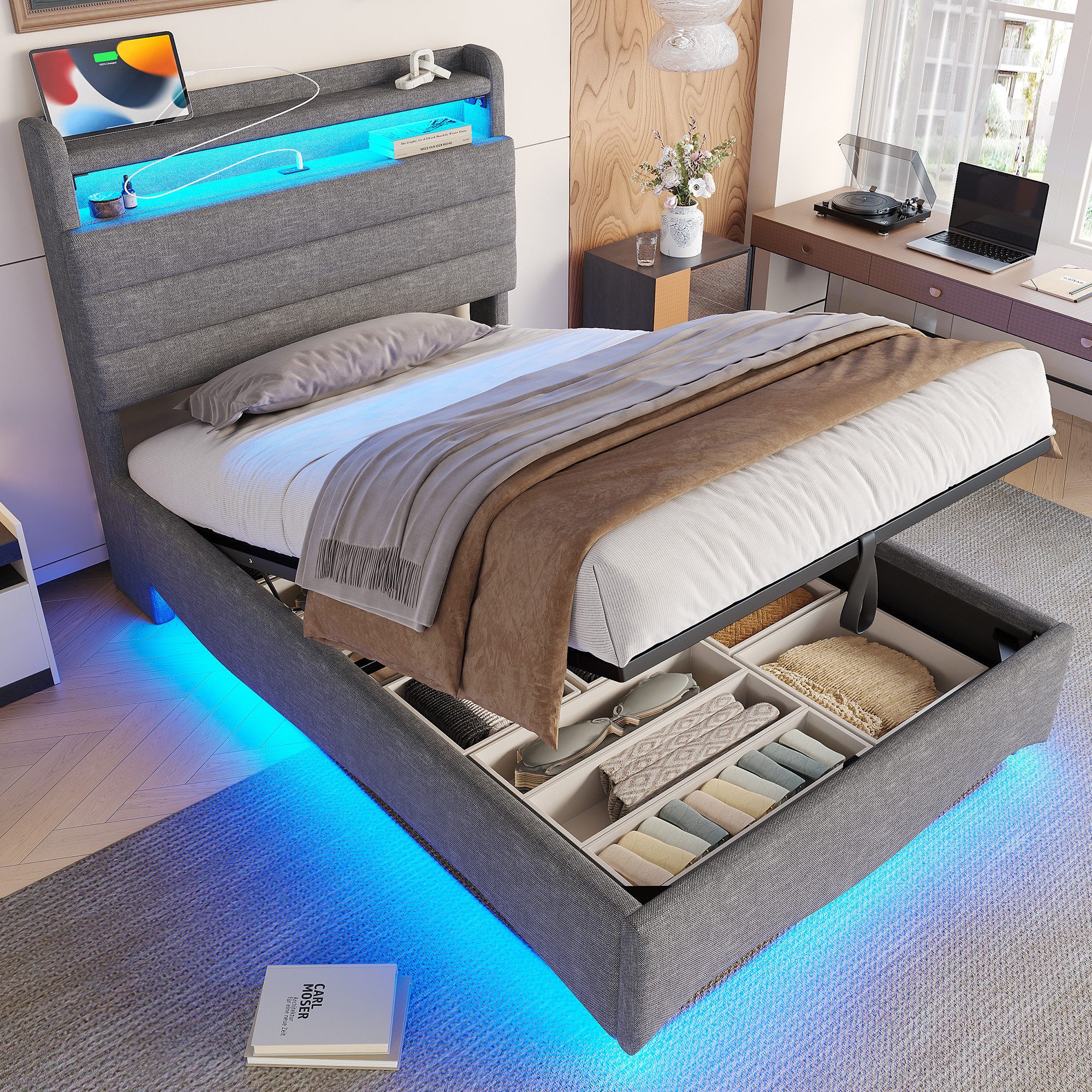 TavilaEcon Boxspringbett Polsterbett mit LED-Beleuchtung und Hydraulikmechanismus (1-St), 90x200cm, mit Ablagefach, USB-/Typ-C-Anschluss, Grau