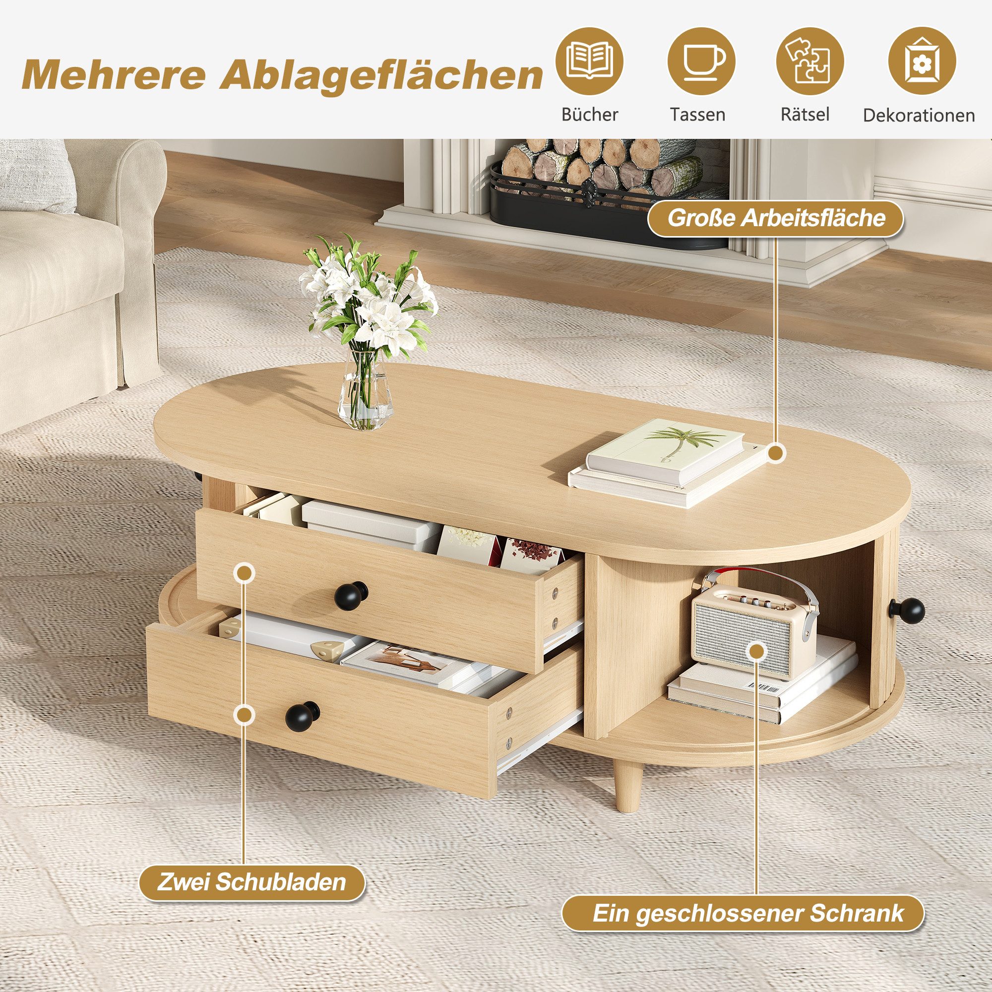 SeedWave Couchtisch Ovaler Sofatisch in Holzoptik mit 100cm Tischplatte, Schiebetüren, Wohnzimmertisch mit Stauraum und Massivholzbeinen