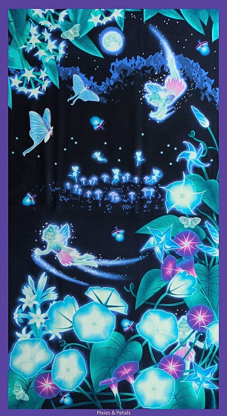 larissastoffe Stoff Baumwollstoff Kinder – Feen-Motiv - leuchtet im Dunkeln, Meterware #2, Feen & Blumen leuchten im Dunkeln