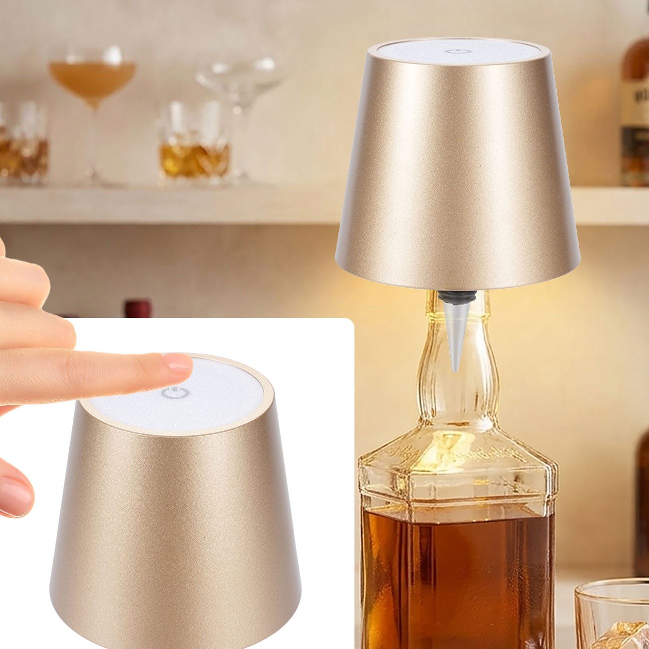 shop'n smile ideoon Nachttischlampe Akku Flaschenlampe mit Touch-Sensor 3600mAh stufenlos Dimmbar Metall, Warmweiß / Naturweiß / Kaltweiß, LEDs mit 3 Lichtfarben, Akkulaufzeit bis zu 8 St. kabellos