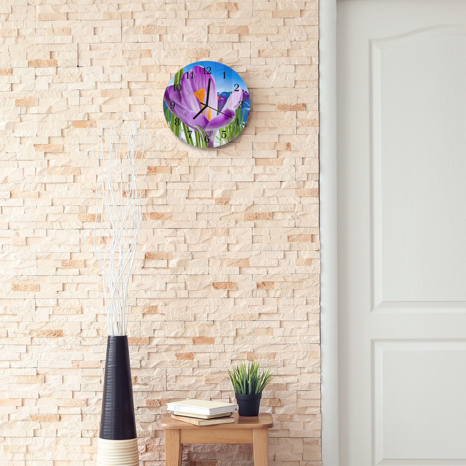 30 mit Blüte Glas Motiv Durchmesser Rund und aus Primedeco Grashalmen - Quarzuhrwerk mit mit Wanduhr Wanduhr cm