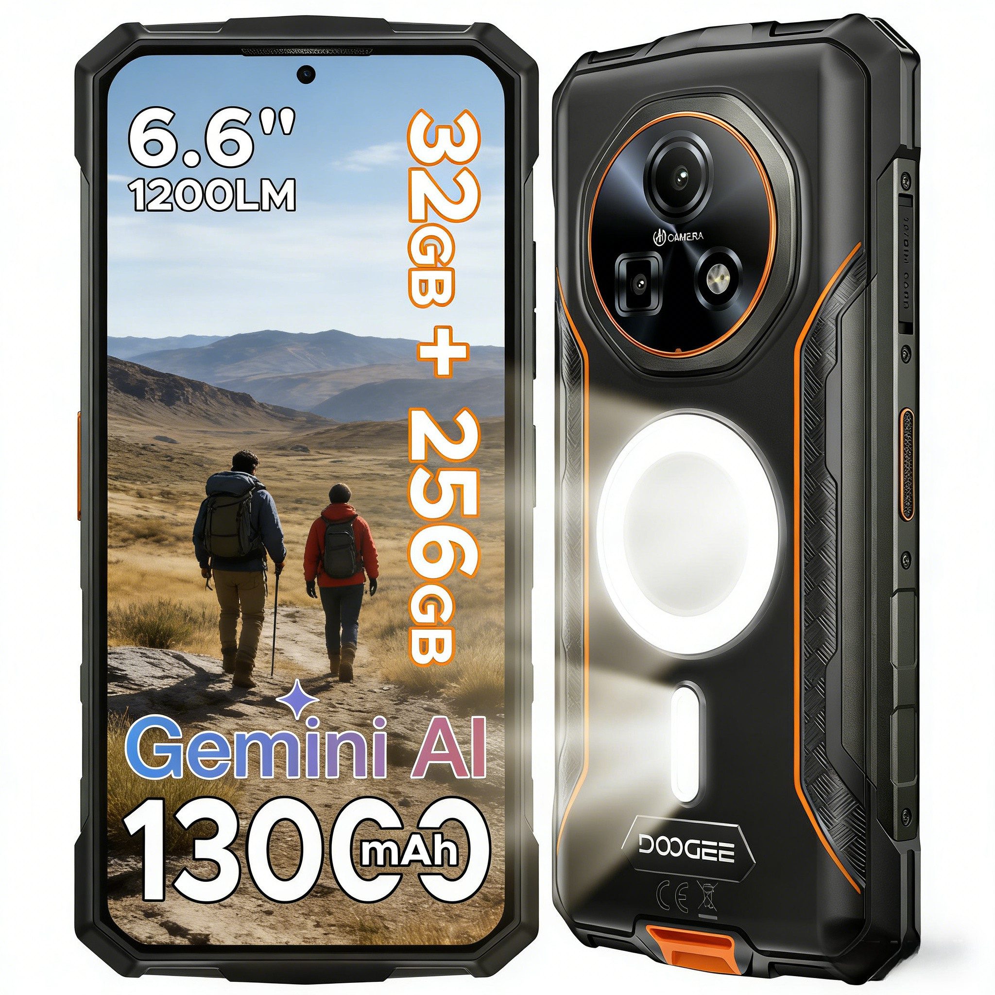 DOOGEE Fire 5 Ultra Outdoor Handy, 256GB ROM, 13000mAh, 1200LM Dual Smartphone (16,7 cm/6.6 Zoll, 256 GB Speicherplatz, 48 MP Kamera, 6.6" HD+90Hz, 48MP Kamera, 8GB RAM, Android 15, AI, NFC, GPS)