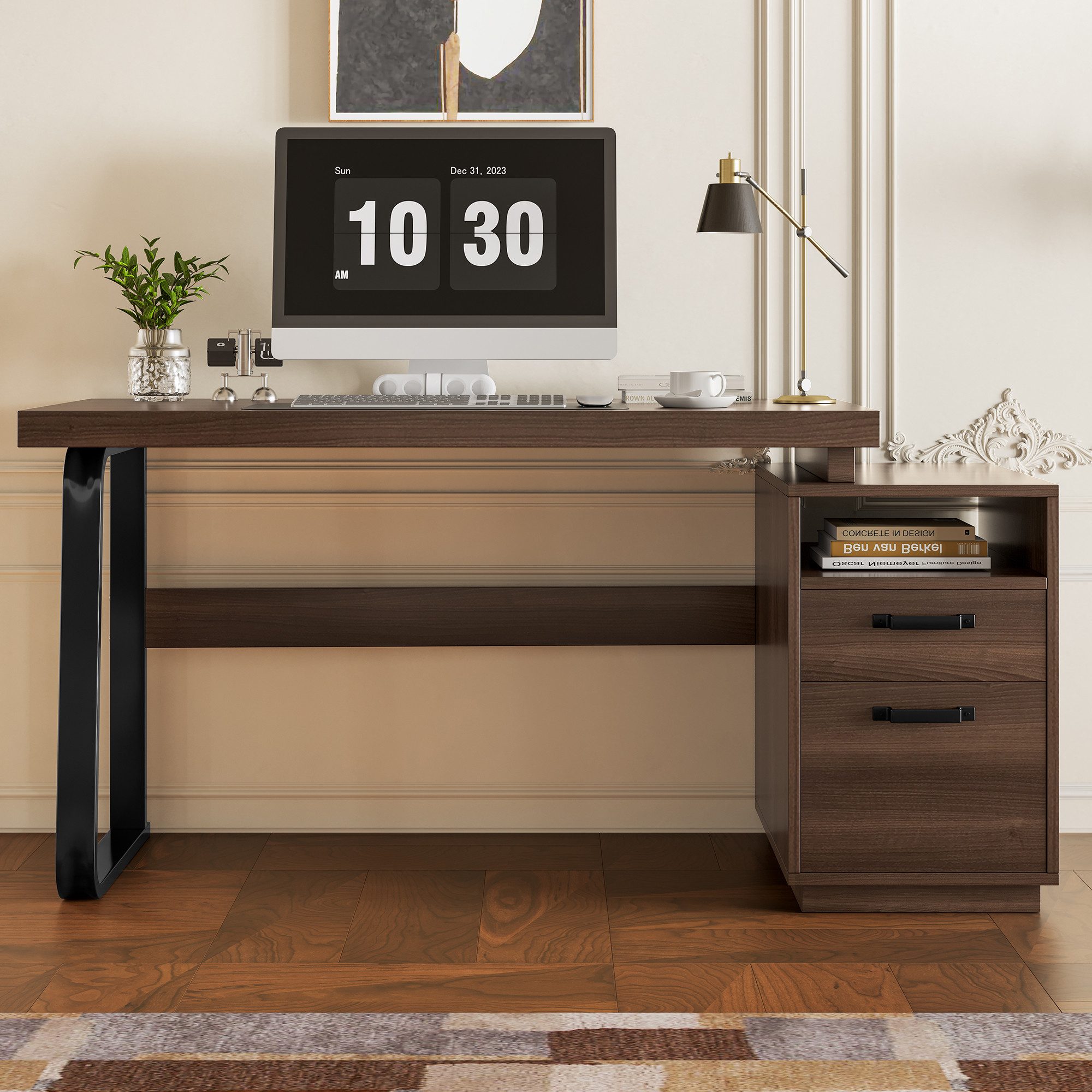 KLAM HOME Schreibtisch 135 x 54 x 76cm moderner Schreibtisch im minimalistischen Stil (multifunktionales Aufbewahrungsdesign, geräuschlose Schublade), MDF-Schre – Bild 3 von 5