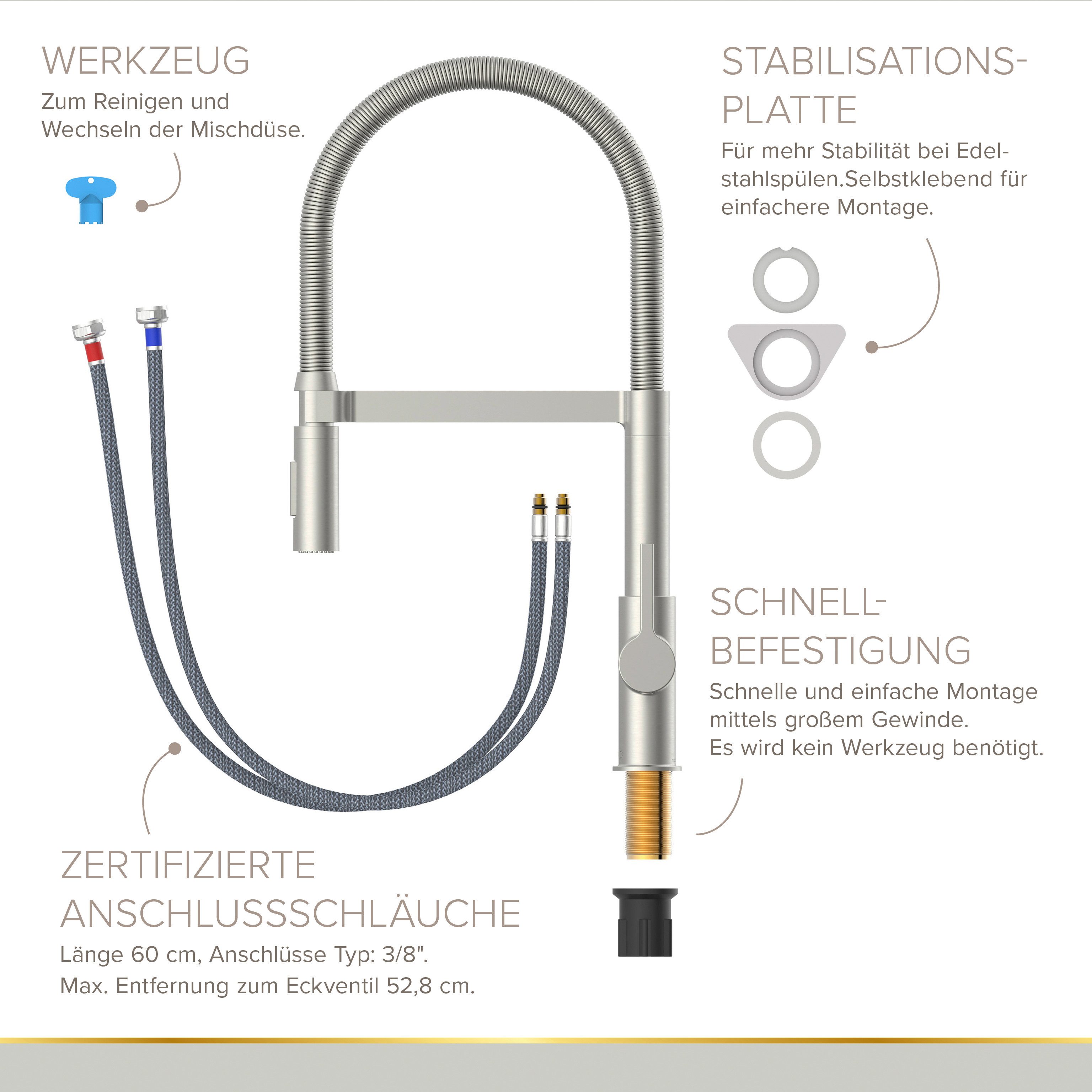 Lenz Küchenarmatur ALUNA mit Pendelbrause 2 Strahlarten, schwenkbar, flexible Brause Flexible Pendelbrause mit 2 Strahlarten – Bild 5 von 5