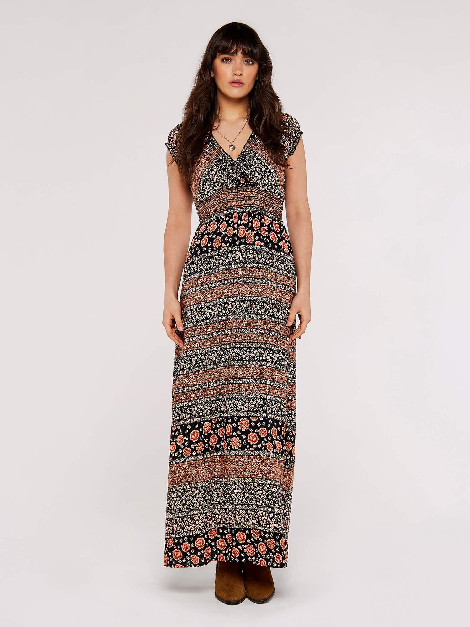 Apricot Maxikleid Folk Floral Stripe Dress, mit gesmokter Taille