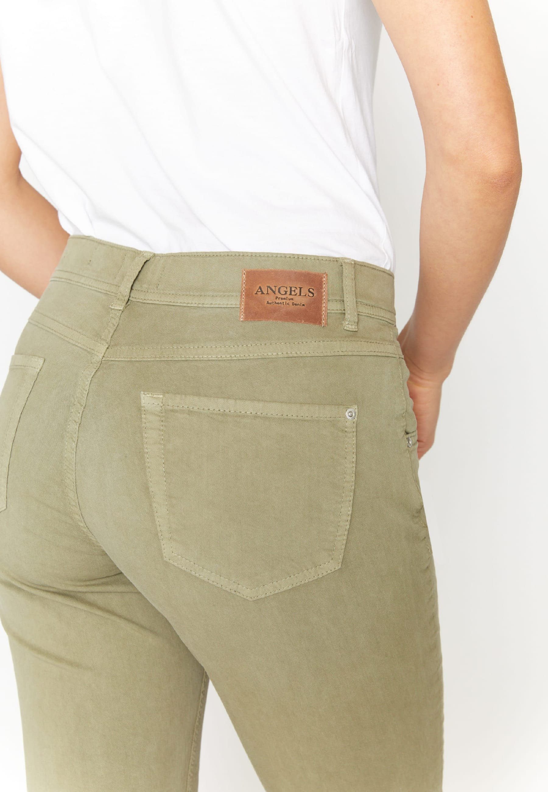 Ornella Stoff 7/8-Jeans unifarbenem Jeans Label-Applikationen mit Button mit ANGELS khaki