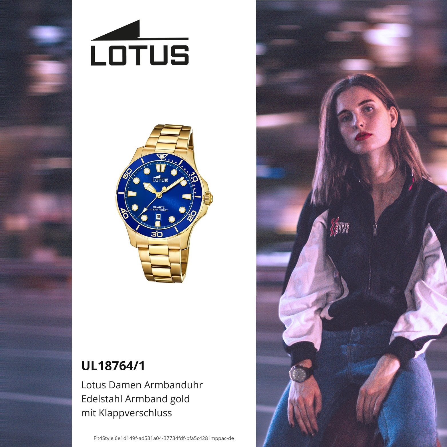 Uhr Lotus mit Lotus 18764/1, (ca. Damenuhr Fash mittel Gehäuse, 39mm), Quarzuhr rundes Edelstahlarmband, Edelstahl Damen
