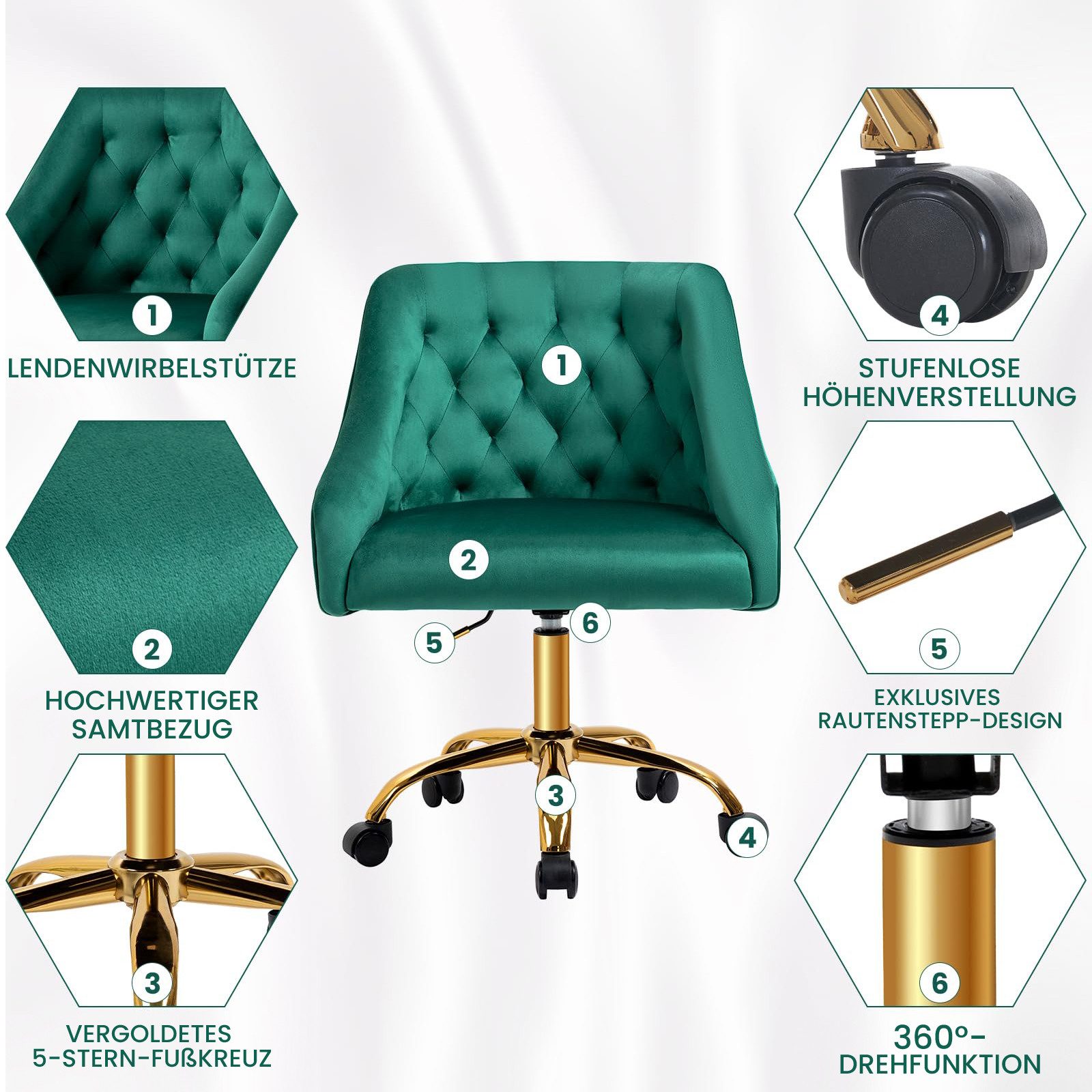 Fiximaster Polsterstuhl mit ergonomischer Rückenlehne, höhenverstellbarer Samt-Schminkstuhl (1 St), Drehstuhl und Bürostuhl, 360° drehbar – Bild 4 von 5